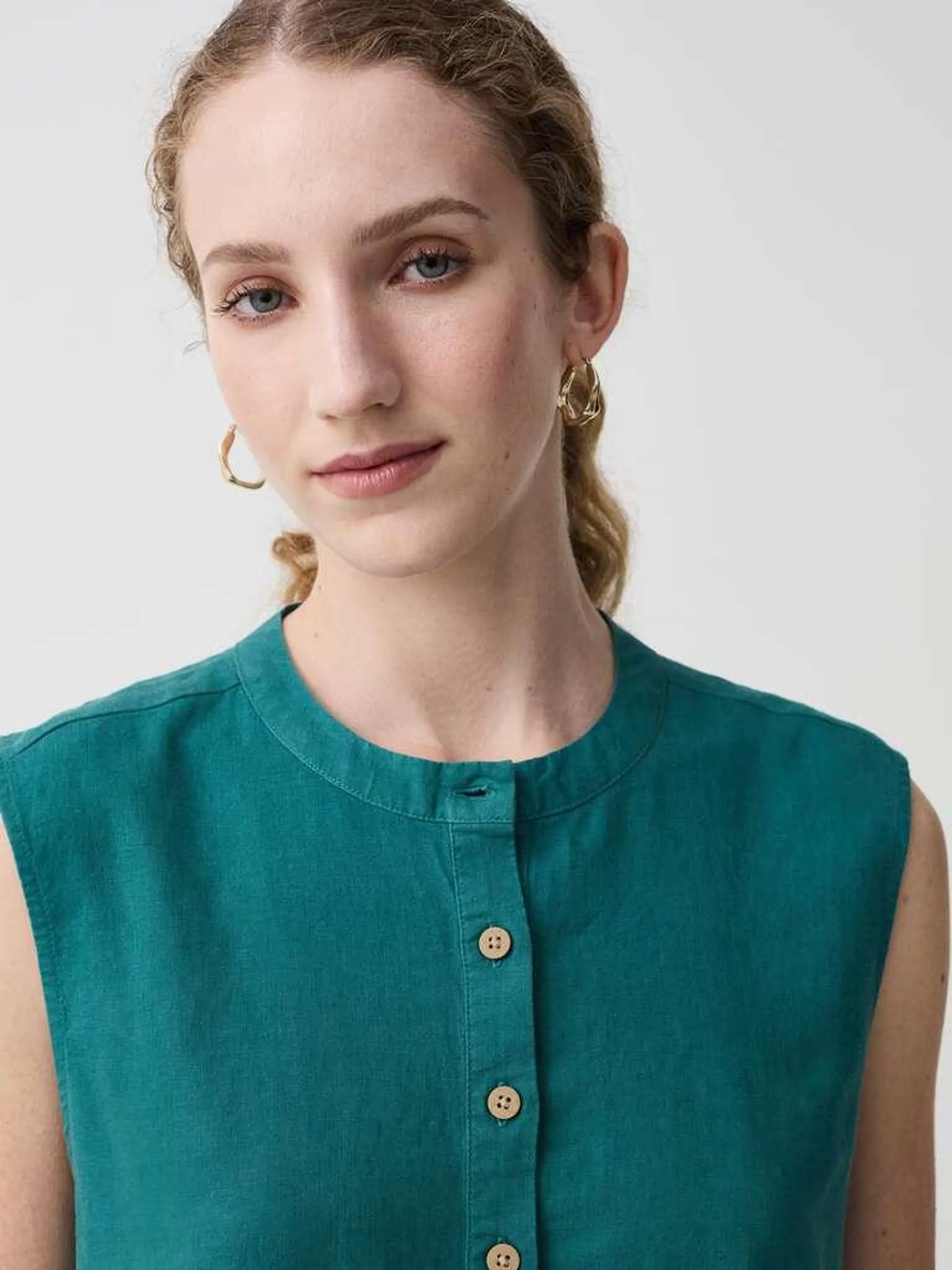 Teal Green Sleeveless blouse with granddad neckline