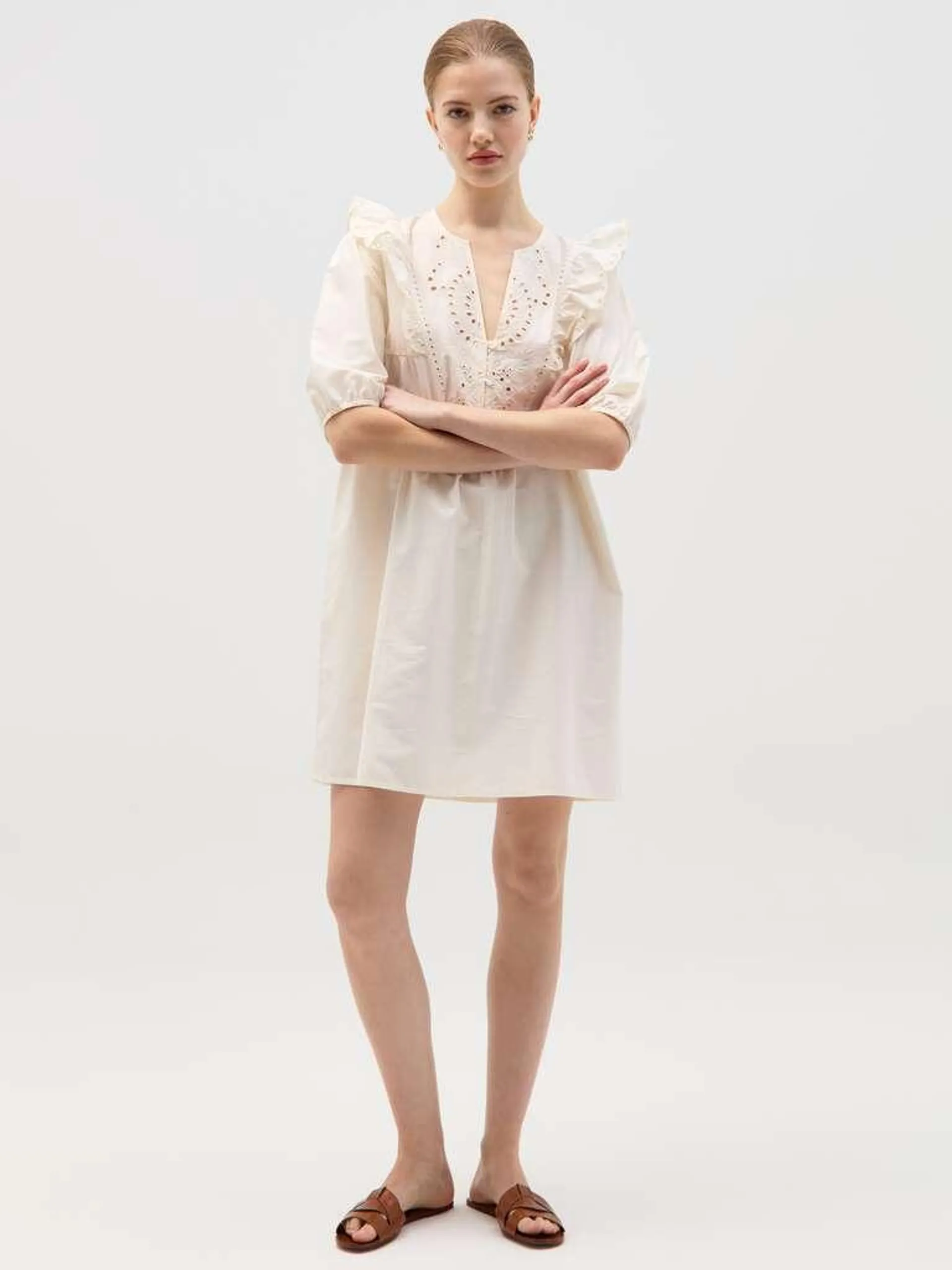 Ivory White Short dress with broderie anglaise flounce