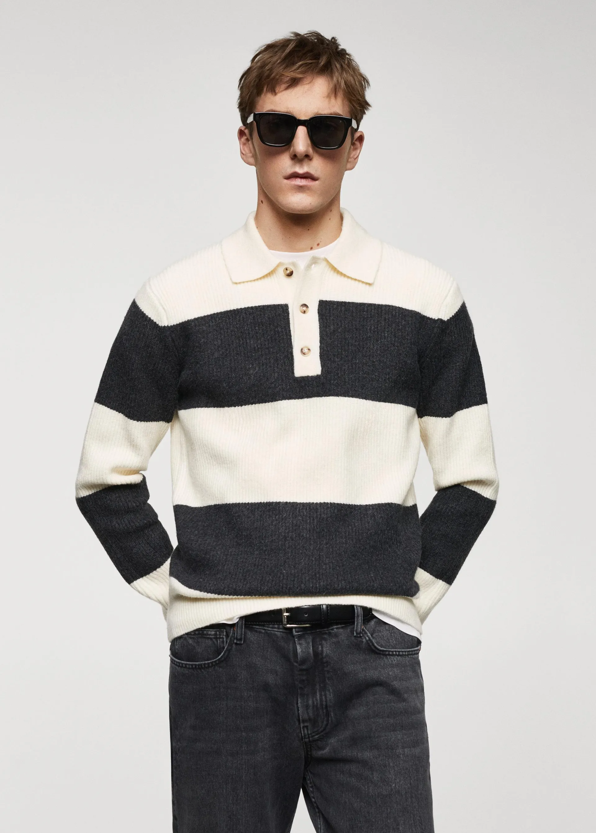 Ribbed striped knitted polo shirt