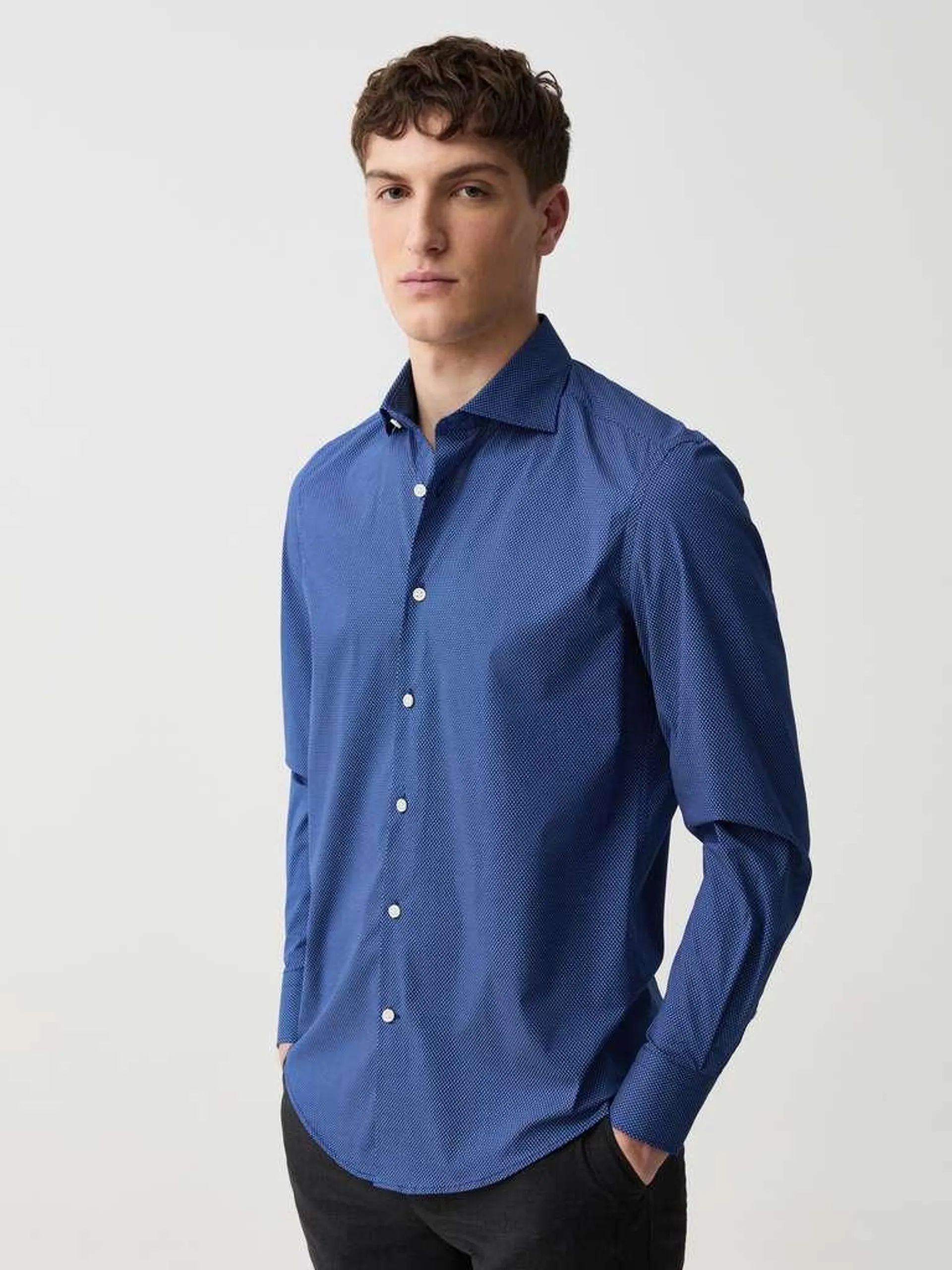 Dark Blue Slim-fit shirt with micro pattern