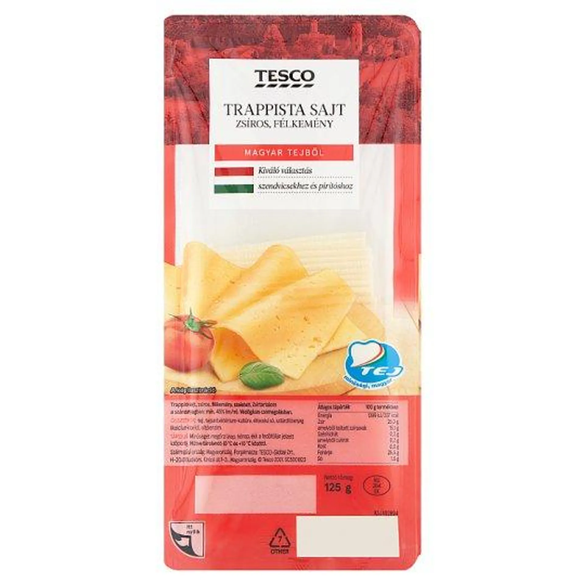 Tesco szeletelt, zsíros, félkemény trappista sajt 125 g