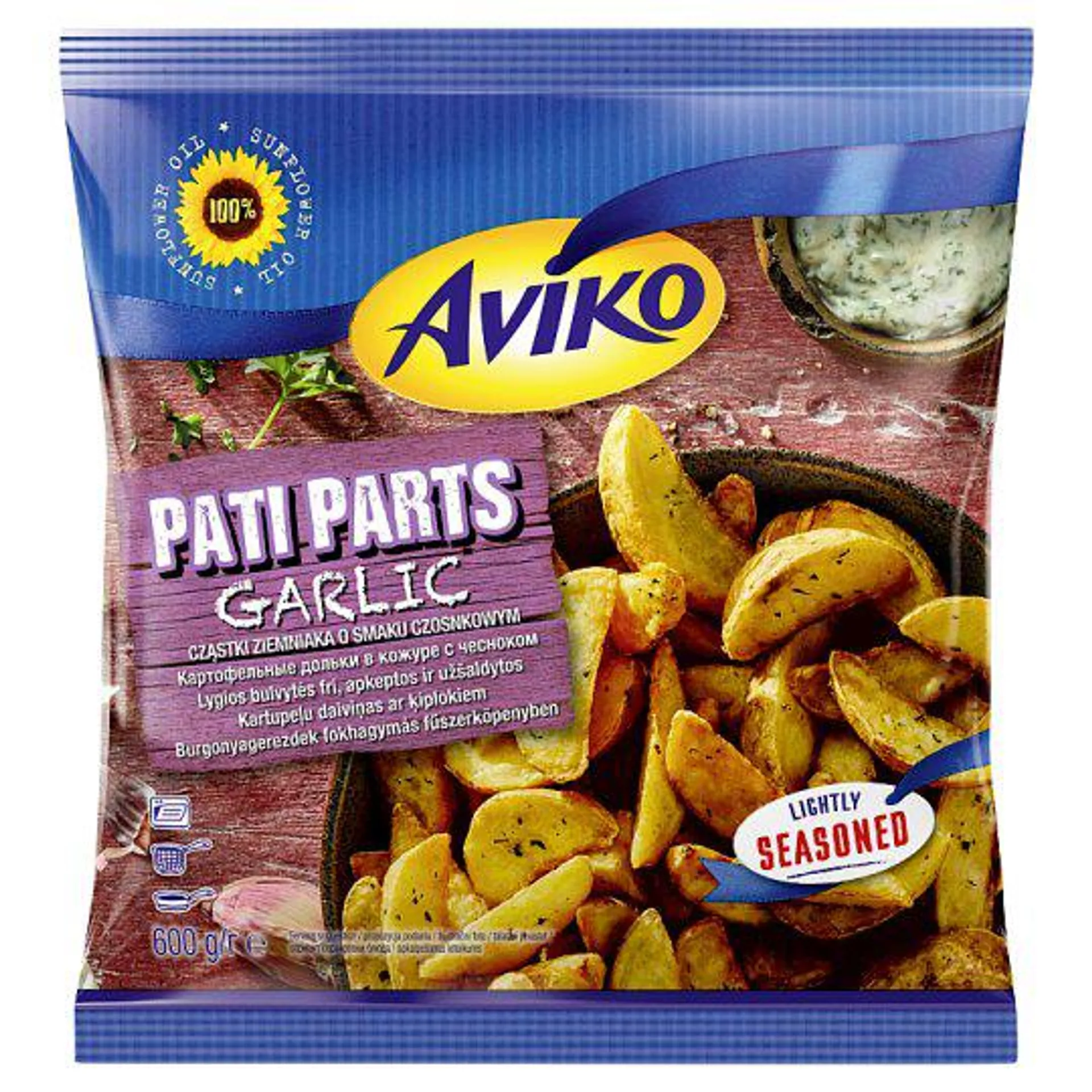 Aviko Pati Parts Garlic elősütött-gyorsfagyasztott burgonyagerezdek fokhagymás fűszerköpenyben 600 g