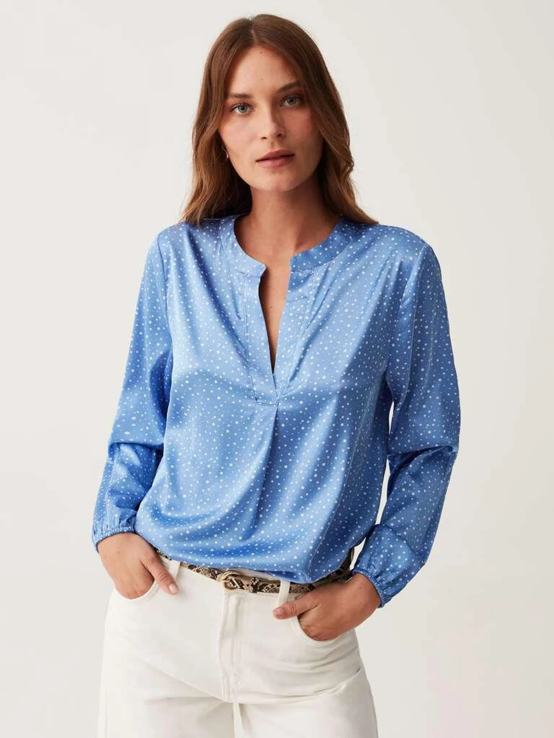 White/Light Blue Satin blouse with V opening