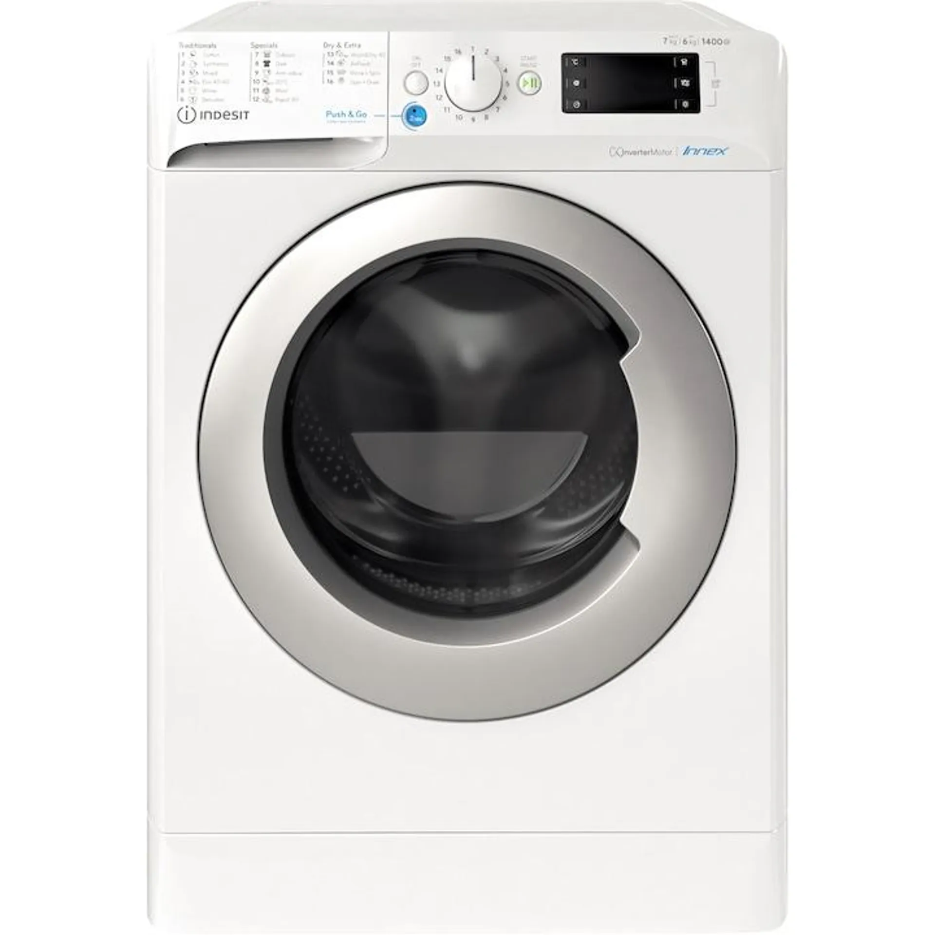 Indesit INNEX BDE764359WSEE Mosó-szárítógép 7 kg mosás, 6 kg szárítás, 1400 ford/perc, Inverter Motor, Display Digital, B energiaosztály, Fehér