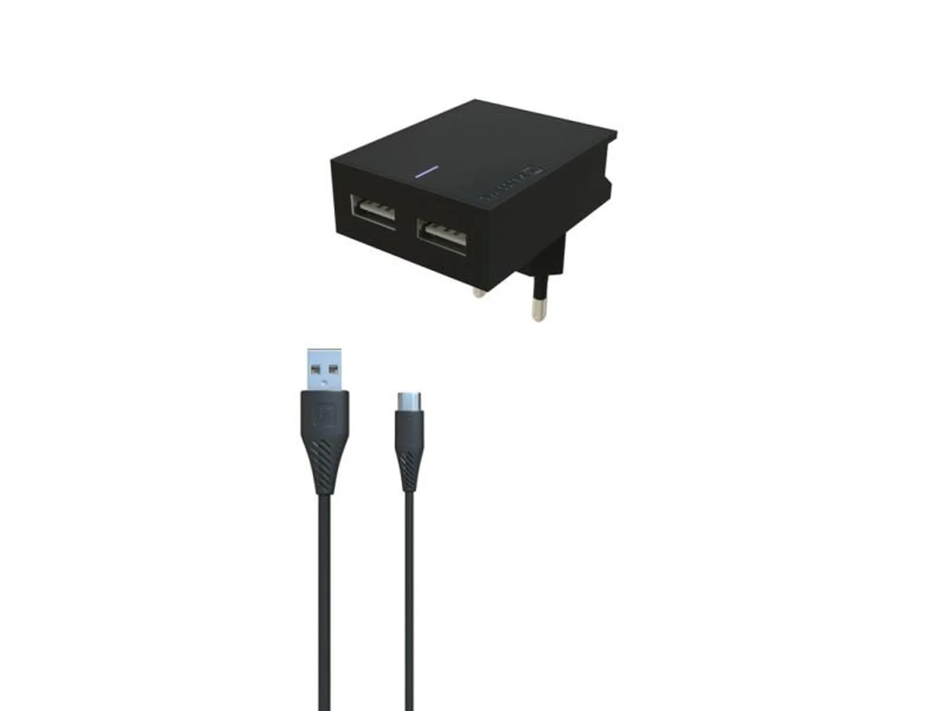 Swissten hálózati gyorstöltő adapter, Smart IC, 2 USB port, 3A, fekete + Type-C kábel (22044000)