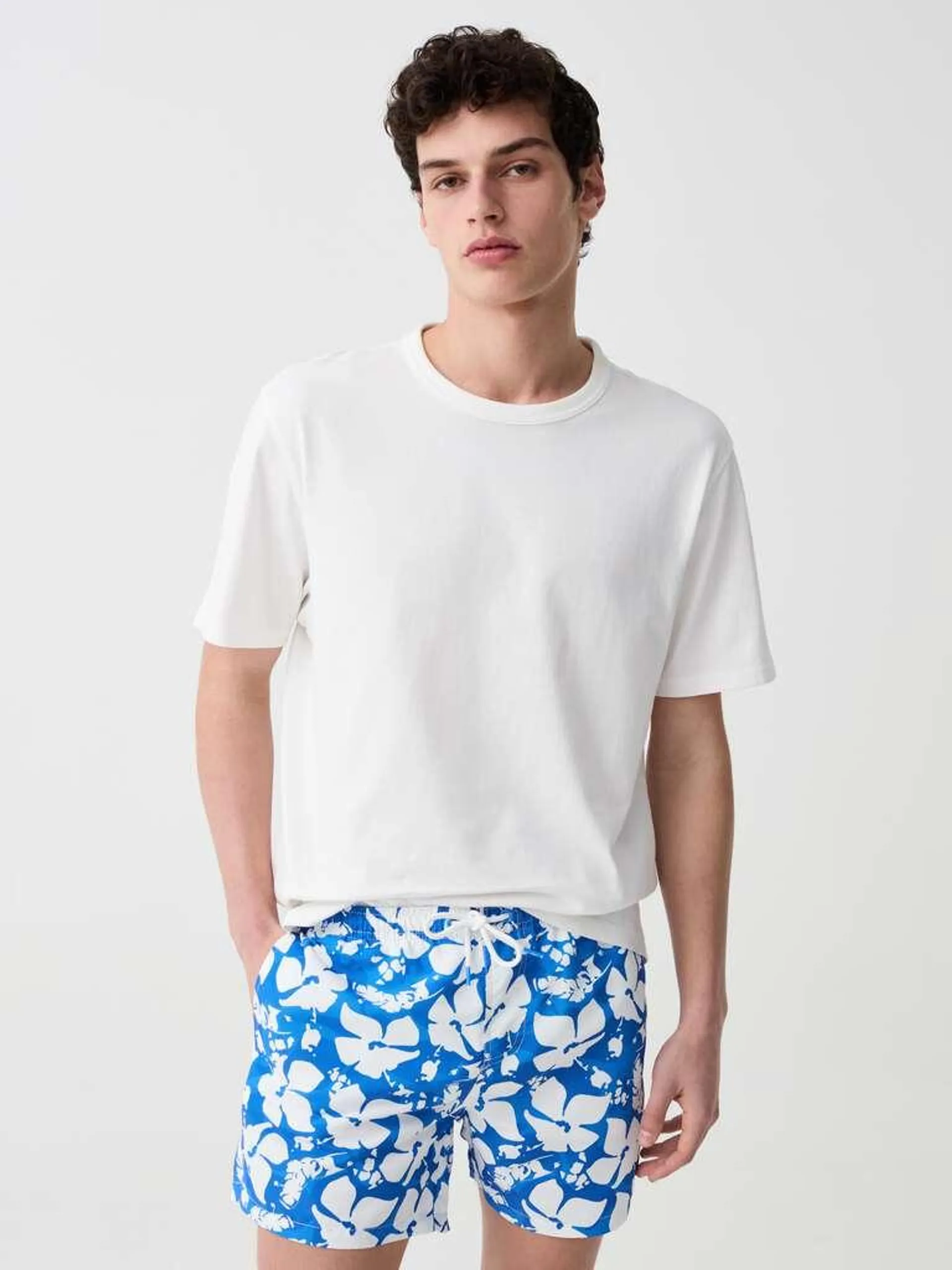 White/Light Blue Swimming trunks with floral print