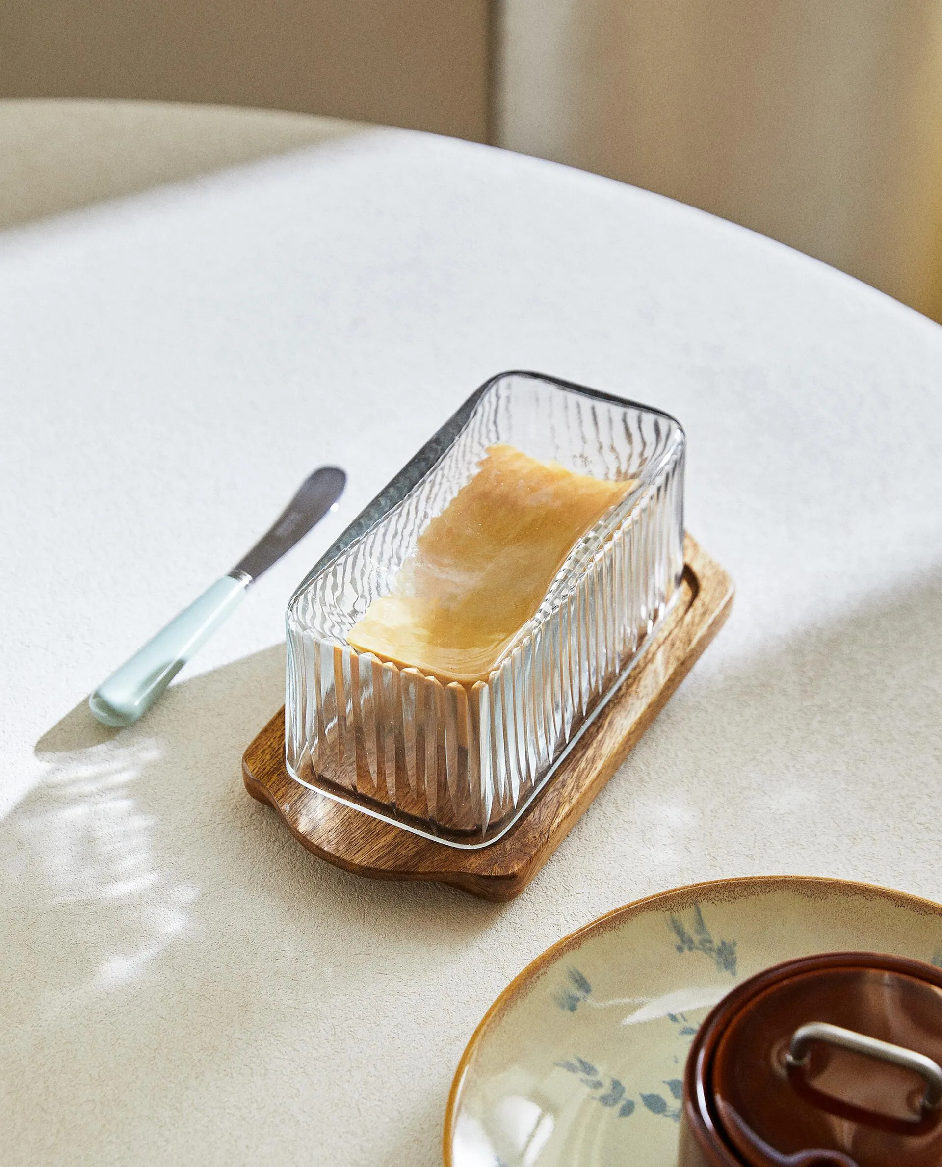 WOOD AND GLASS BUTTER DISH