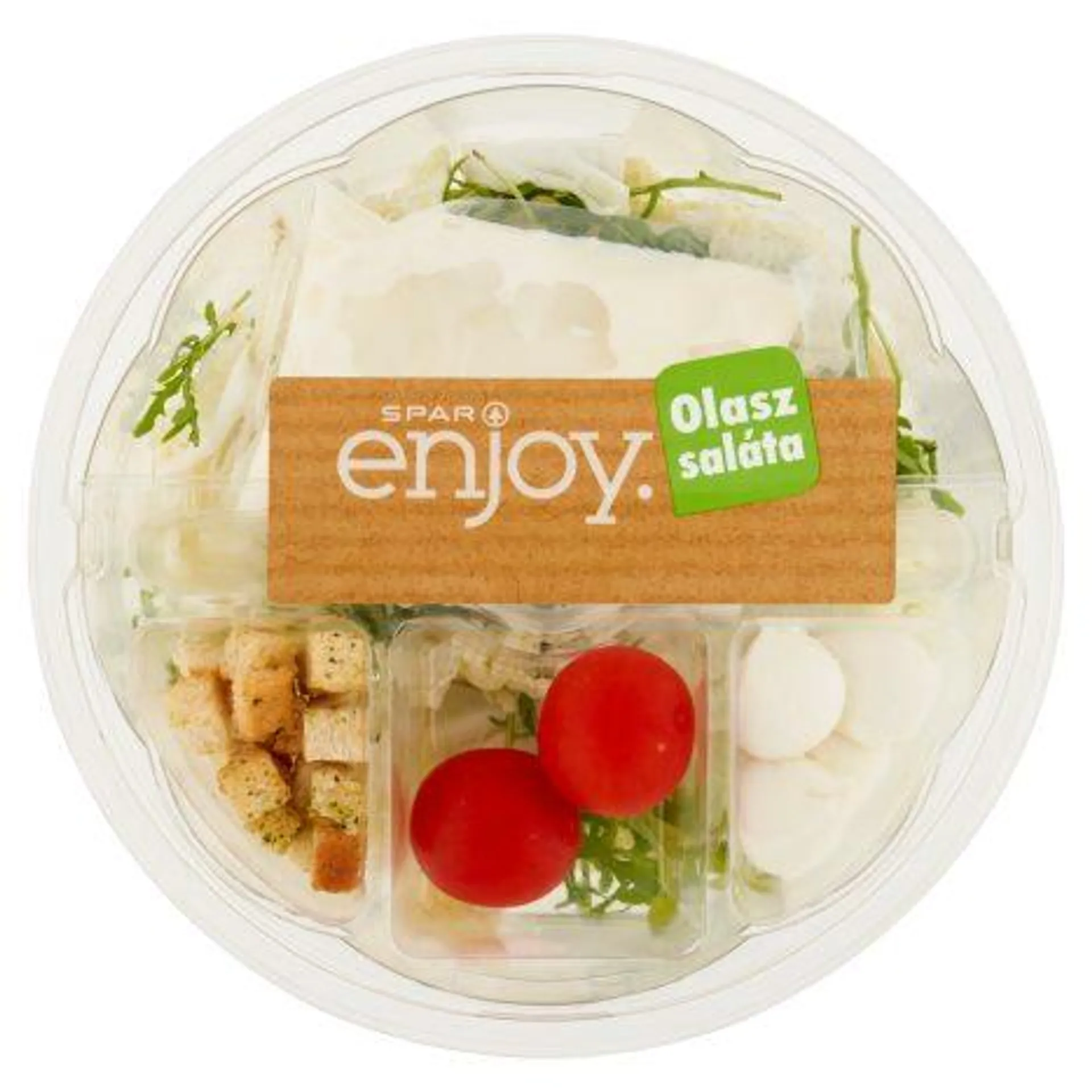 SPAR Enjoy olasz stílusú saláta mozzarella sajttal, krutonnal és joghurtos öntettel 160 g + 40 ml