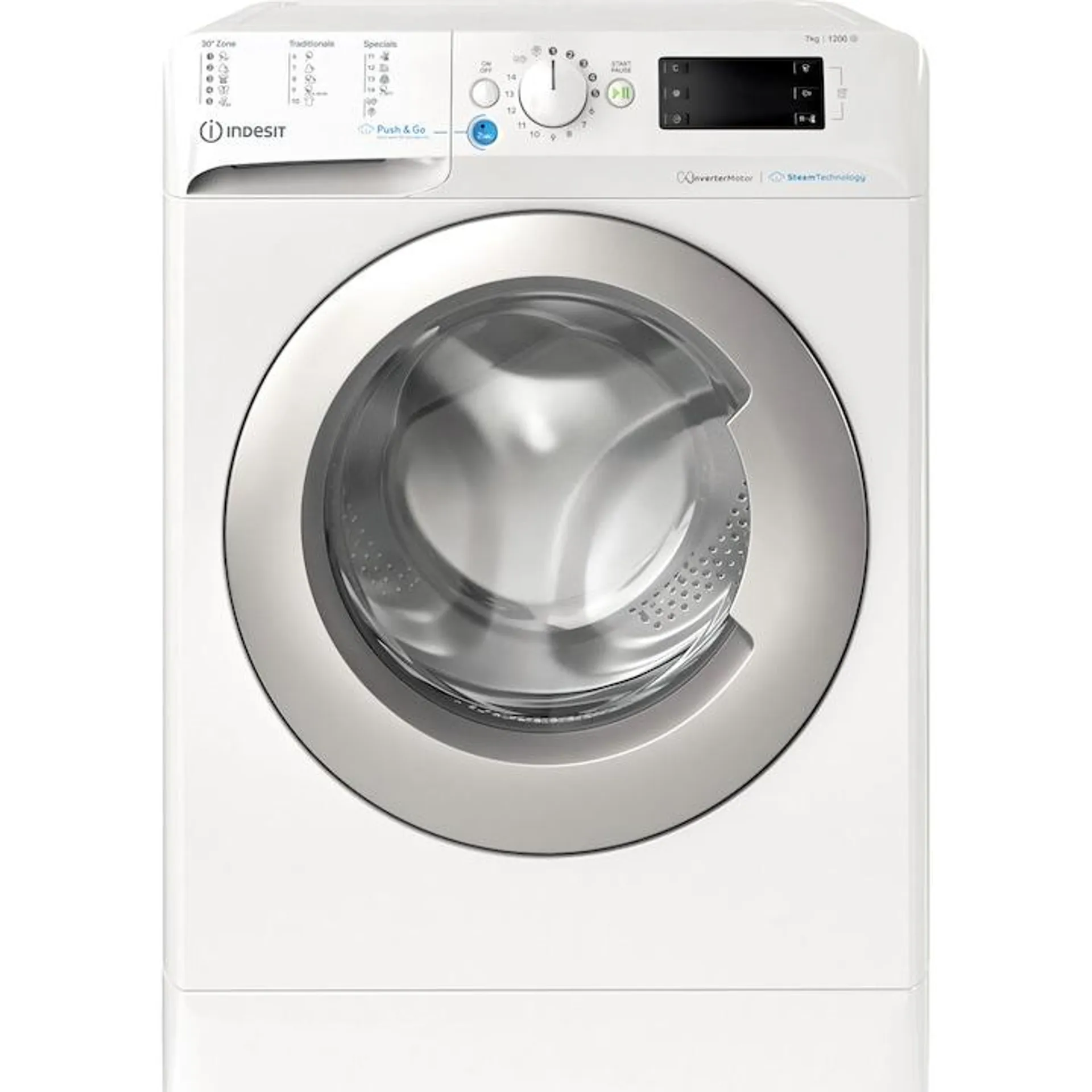 Indesit INNEX BWSE71295XWSVEU Slim mosógép, 7 kg, 1200 ford/perc, Steam, Push&Go, Inverter Motor, Display Digital, B energiaosztály, Fehér