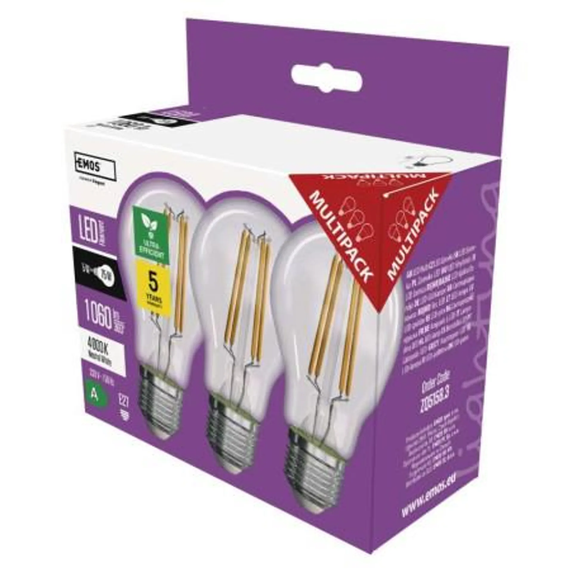 LED izzó Filament A60 / E27 / 5 W (75 W) / 1 060 lm / természetes fehér