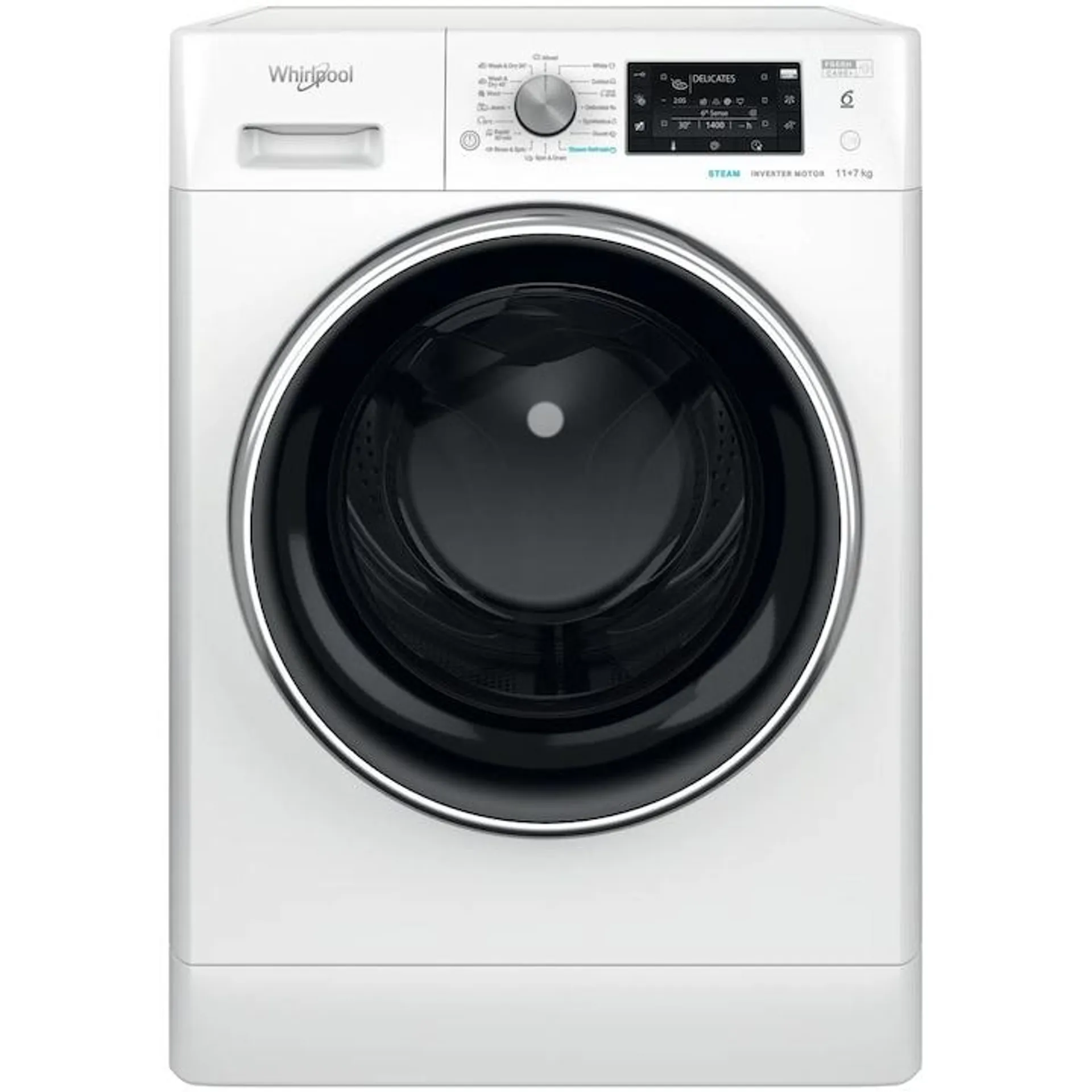 Whirlpool FFWDD 1176258 BCV EE mosó-szárítógép, 11 kg mosás, 7 kg szárítás, 1600 RPM, 6th Sense technológia, E energiaosztály, fehér