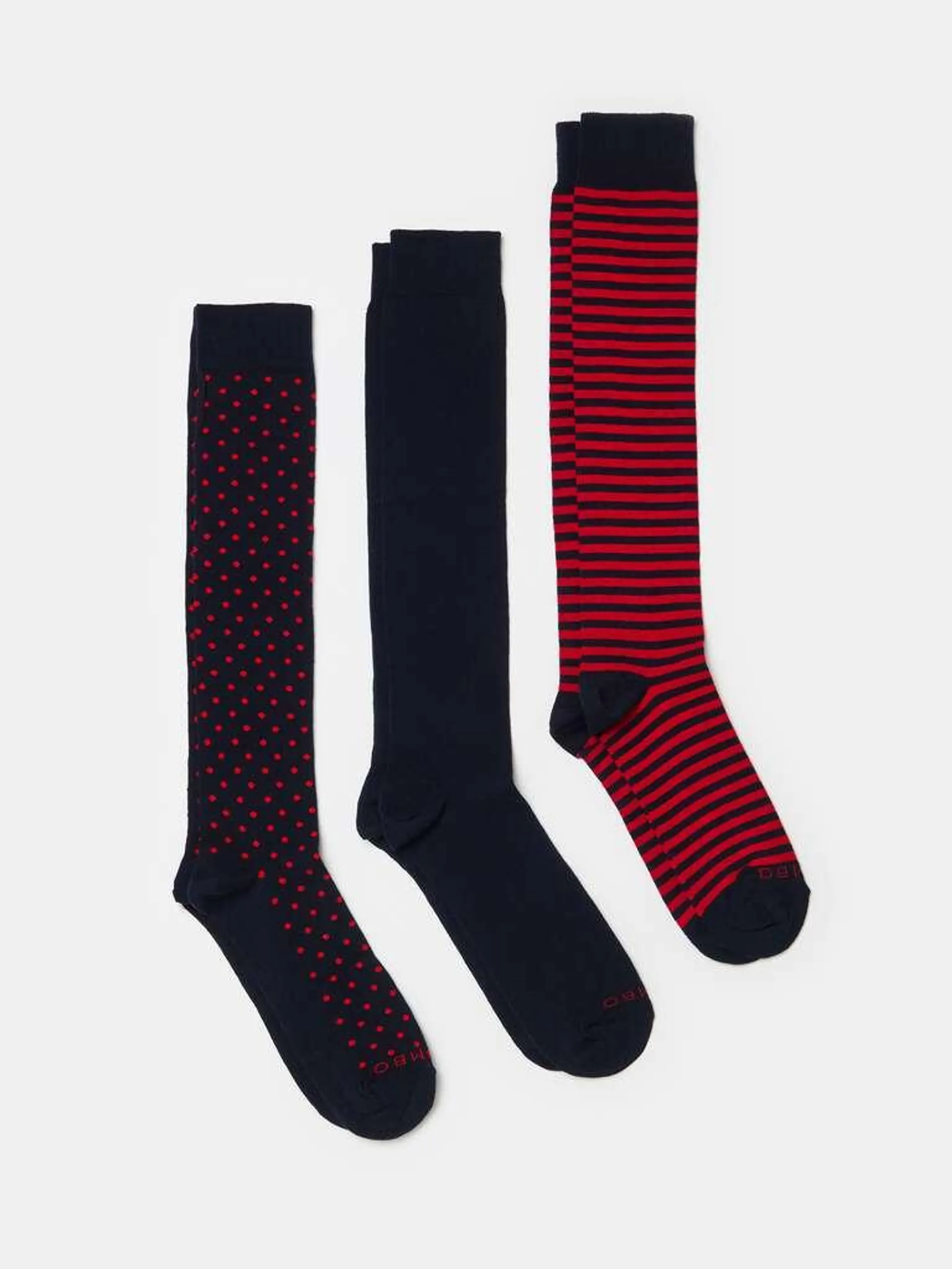 Blue/Red Three-pair pack long socks with polka dots and stripes