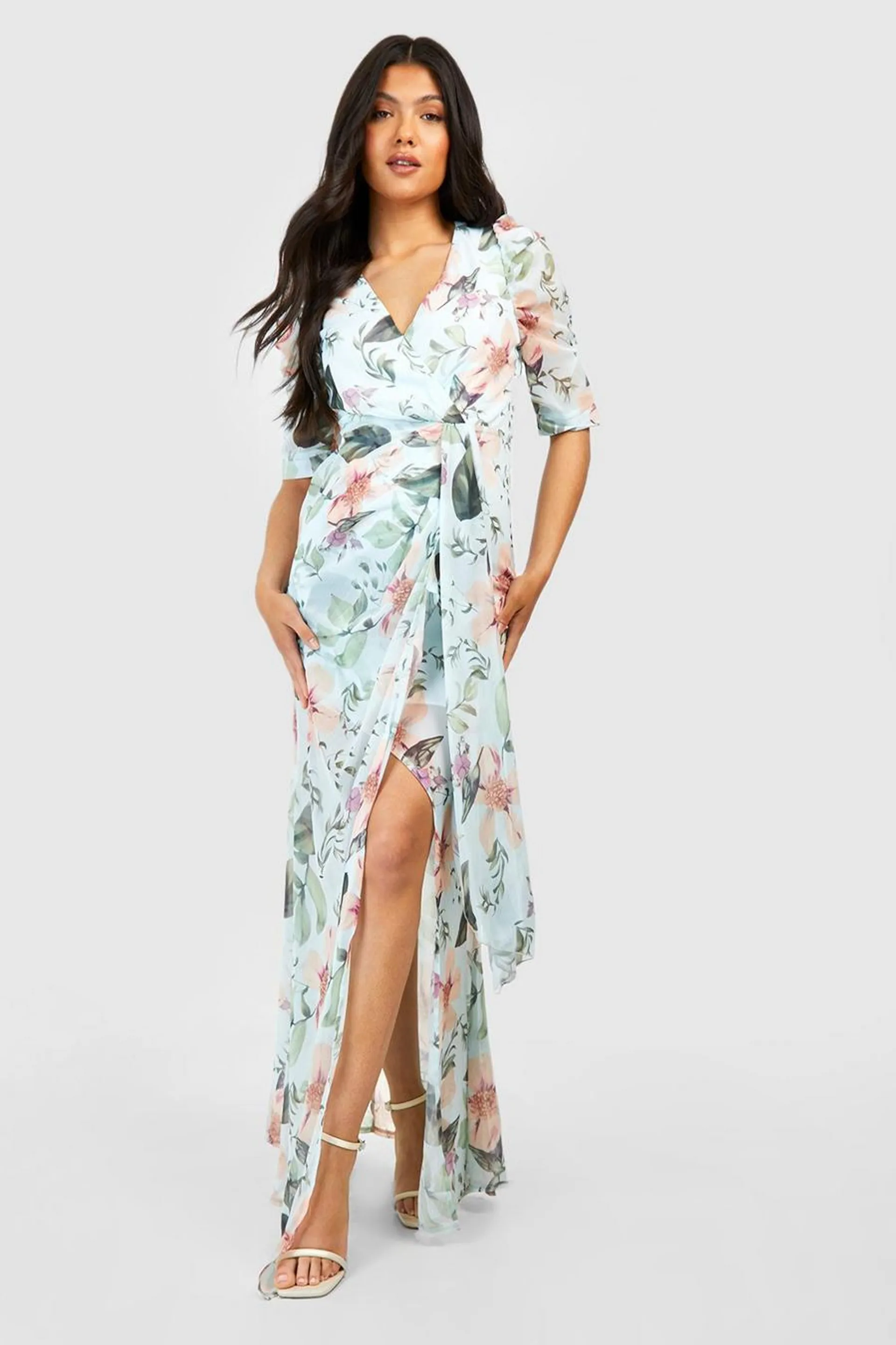 Maternity Occasion Floral Puff Sleeve Maxi Dress