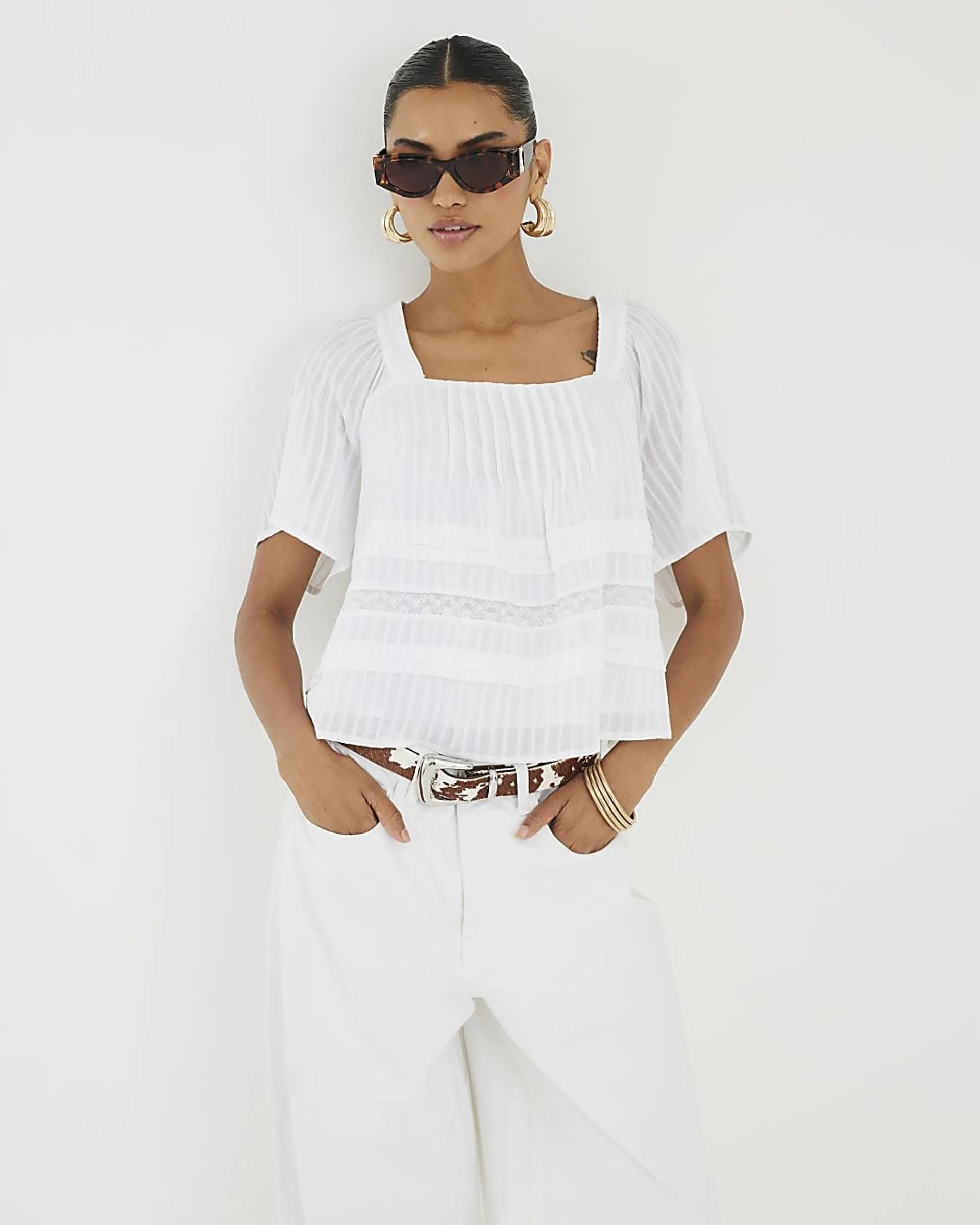 White Short Sleeve Square Neck Blouse