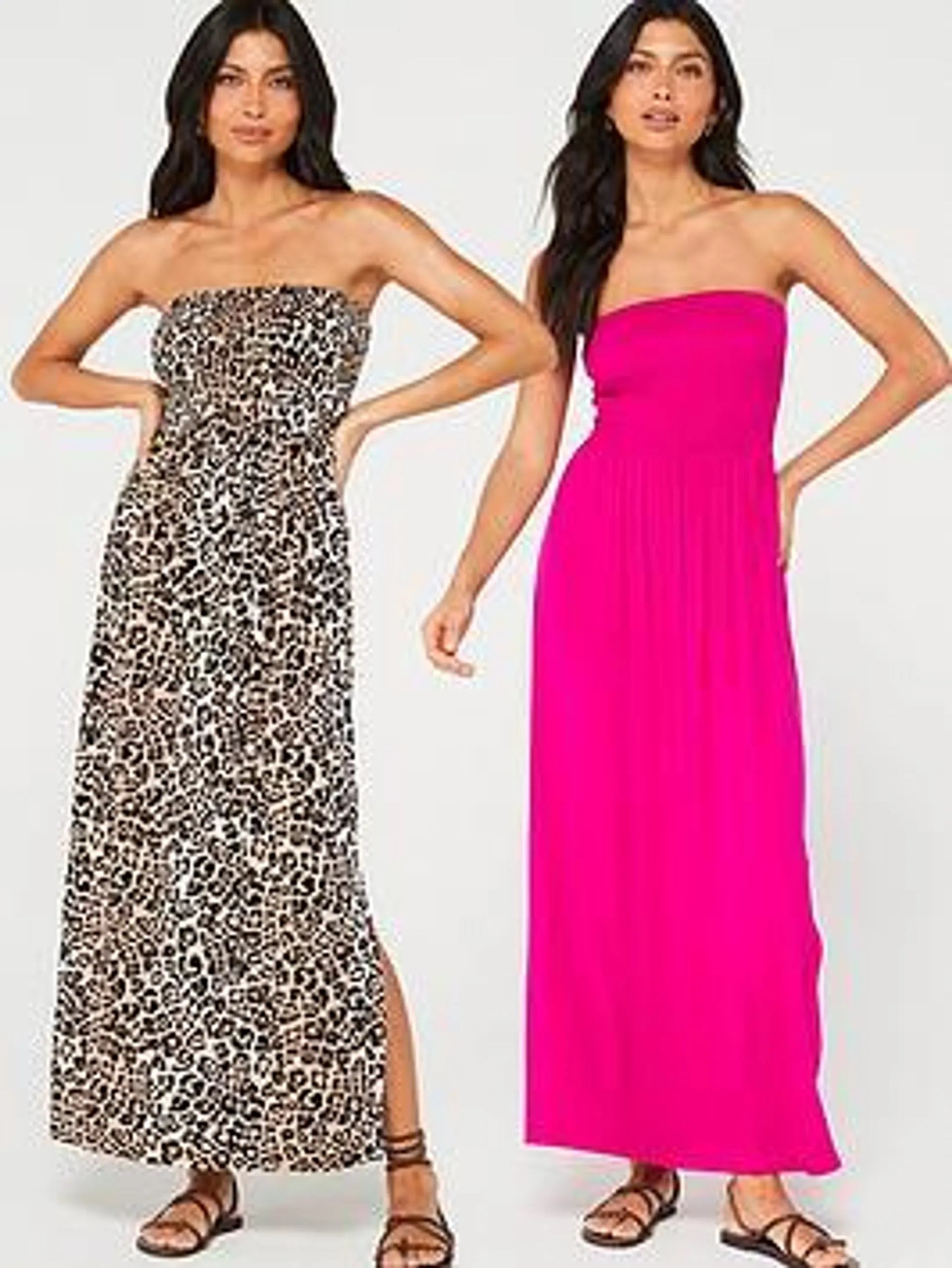 Shirred Beach Maxi Dress 2 Pack - Pink/ Animal Print