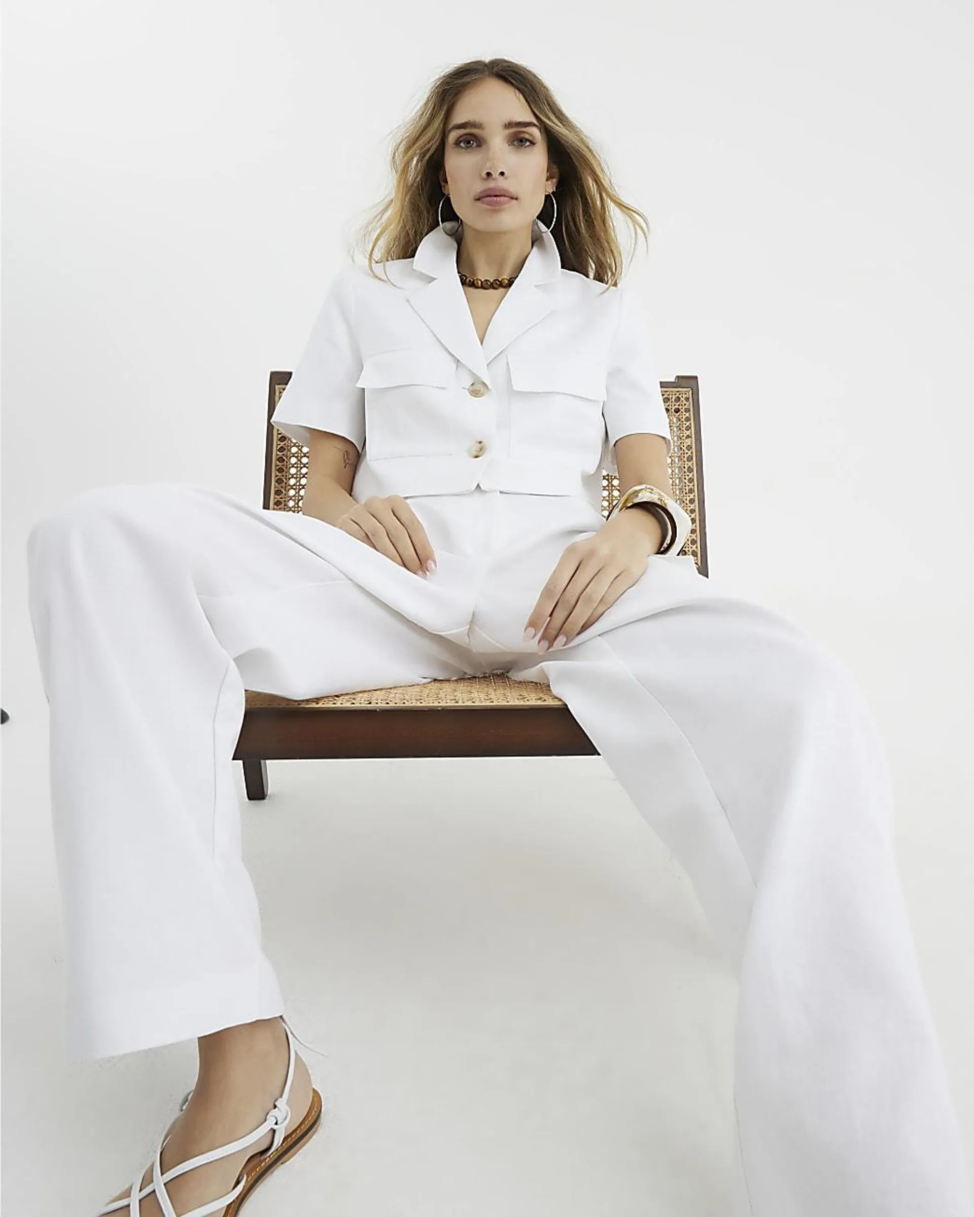 White Linen Blend Wide Leg Trousers