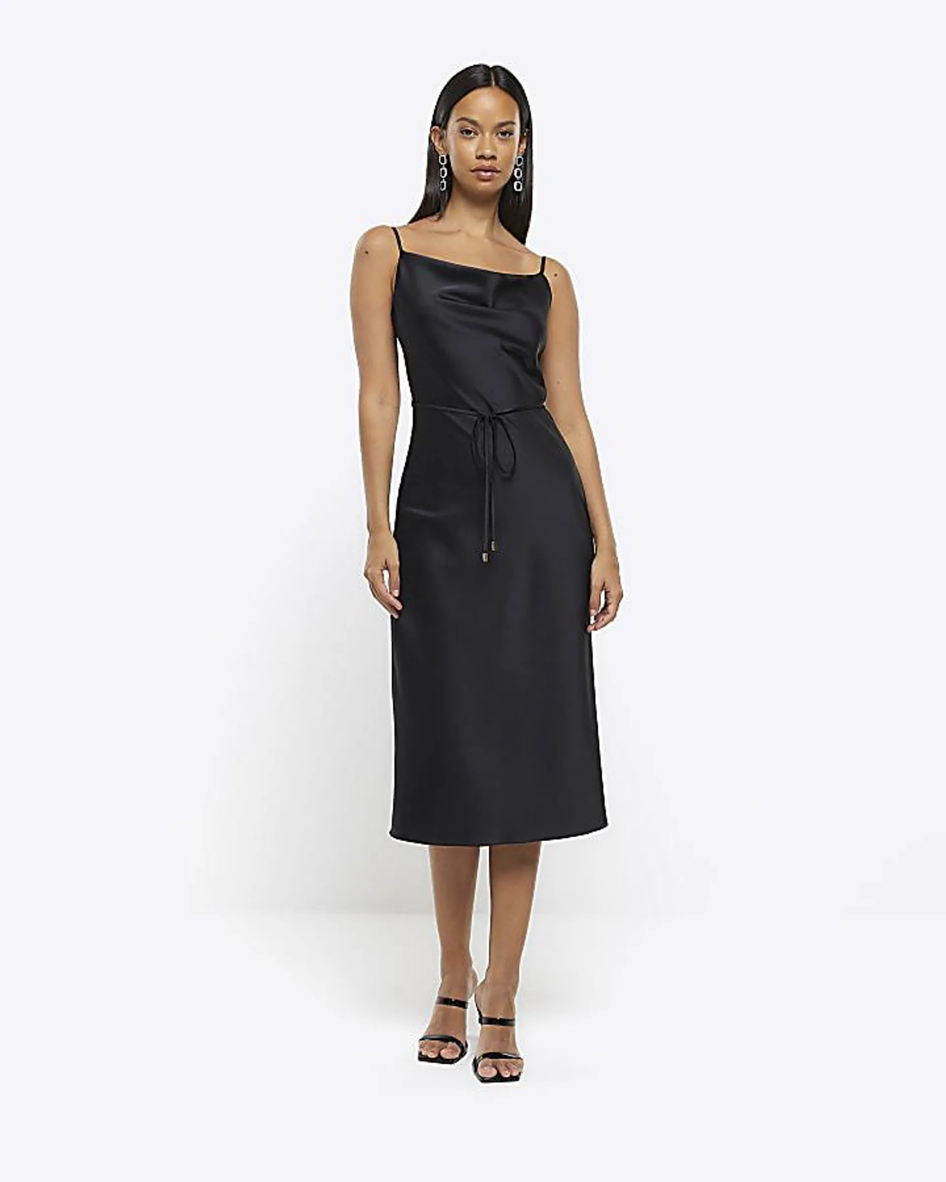 Black cowl neck slip midi dress