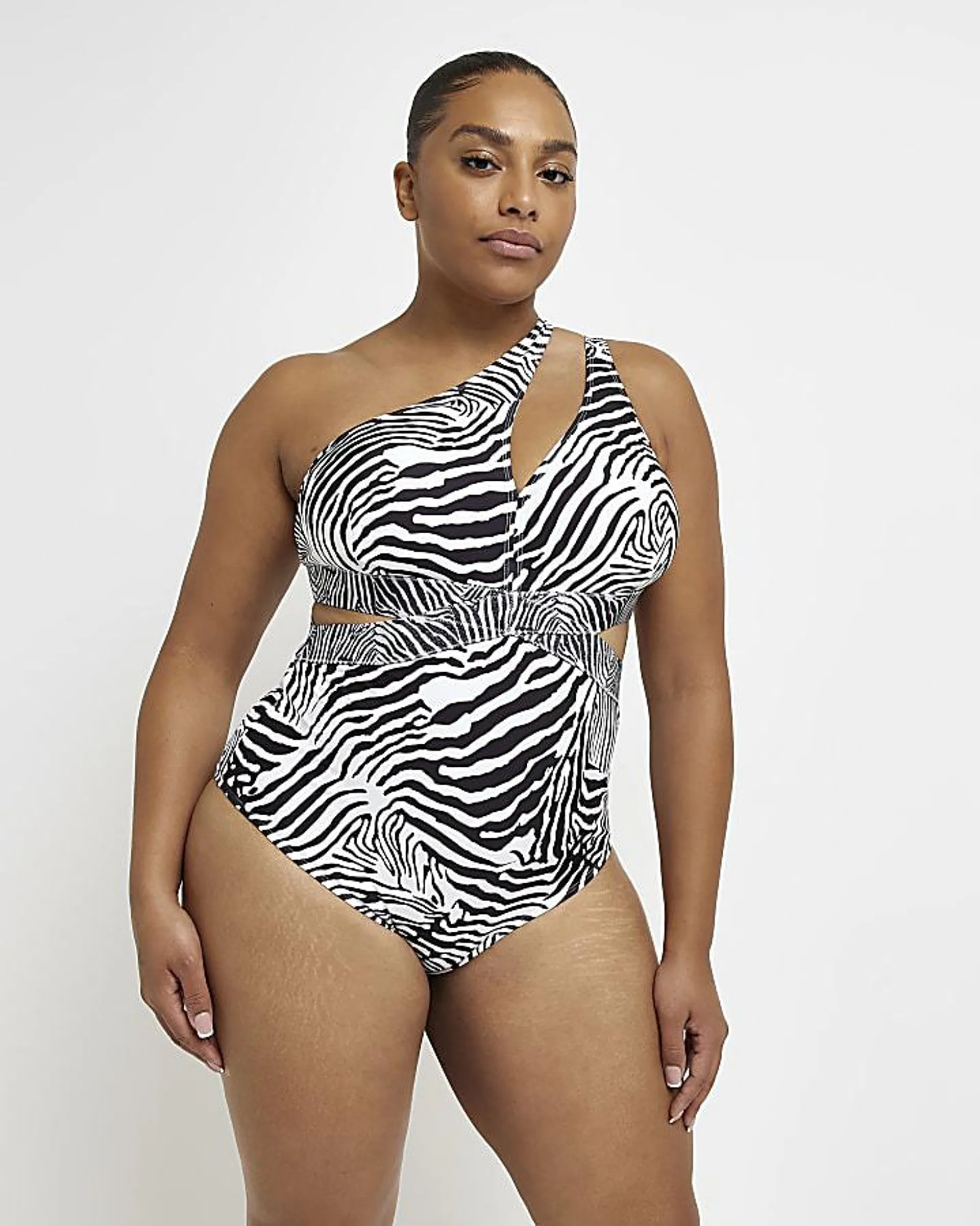 Plus cream animal print one shoulder swimsuit