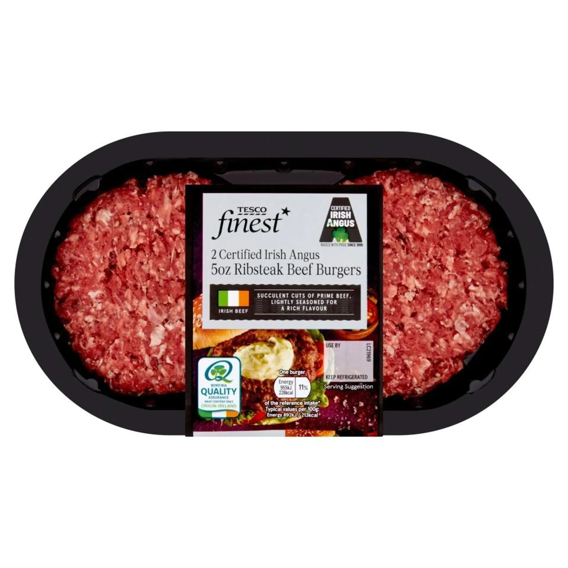 Tesco Finest 2 Irish Angus 5Oz Ribstk Beef Burgers 284G