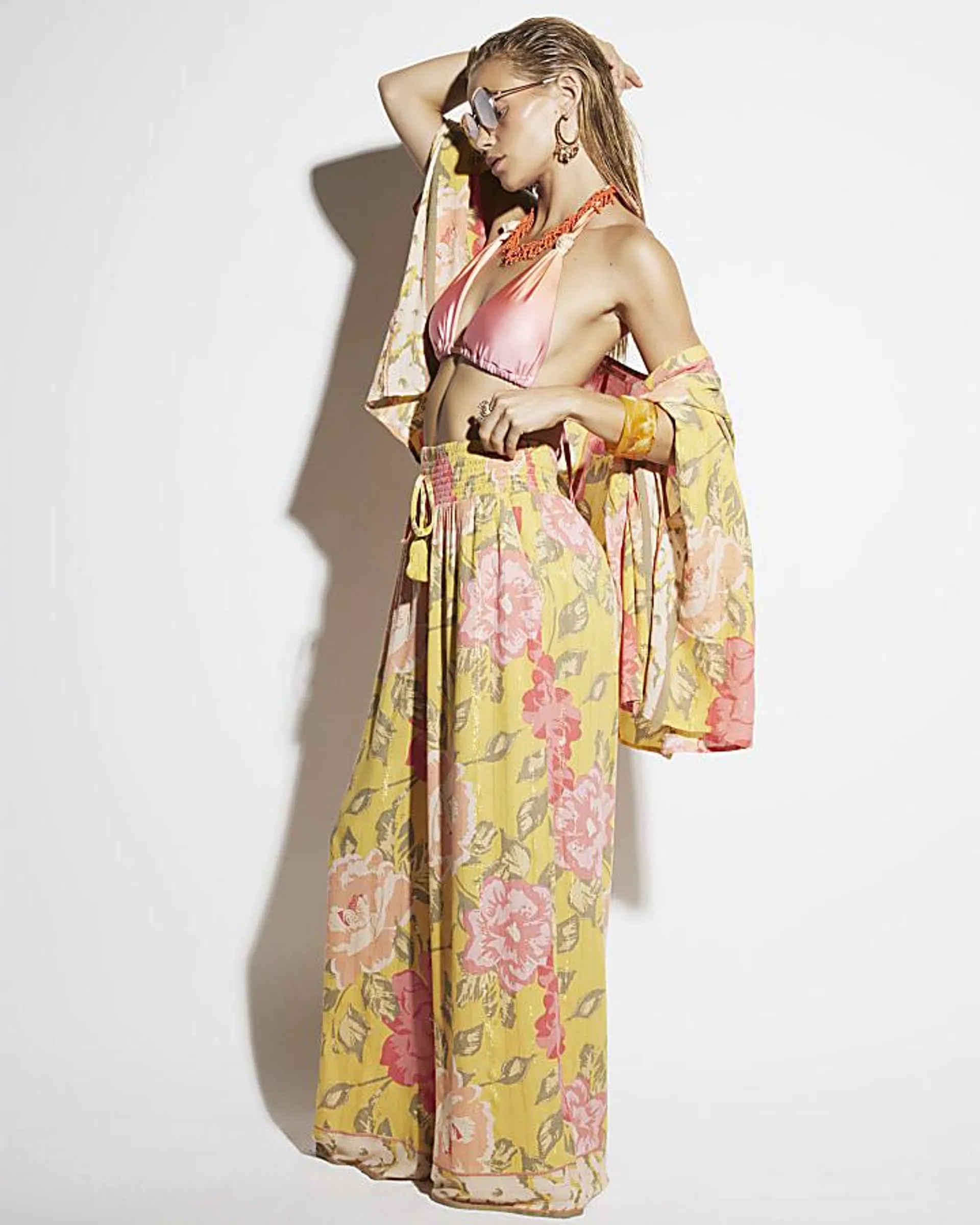 Pink floral wide leg beach trousers