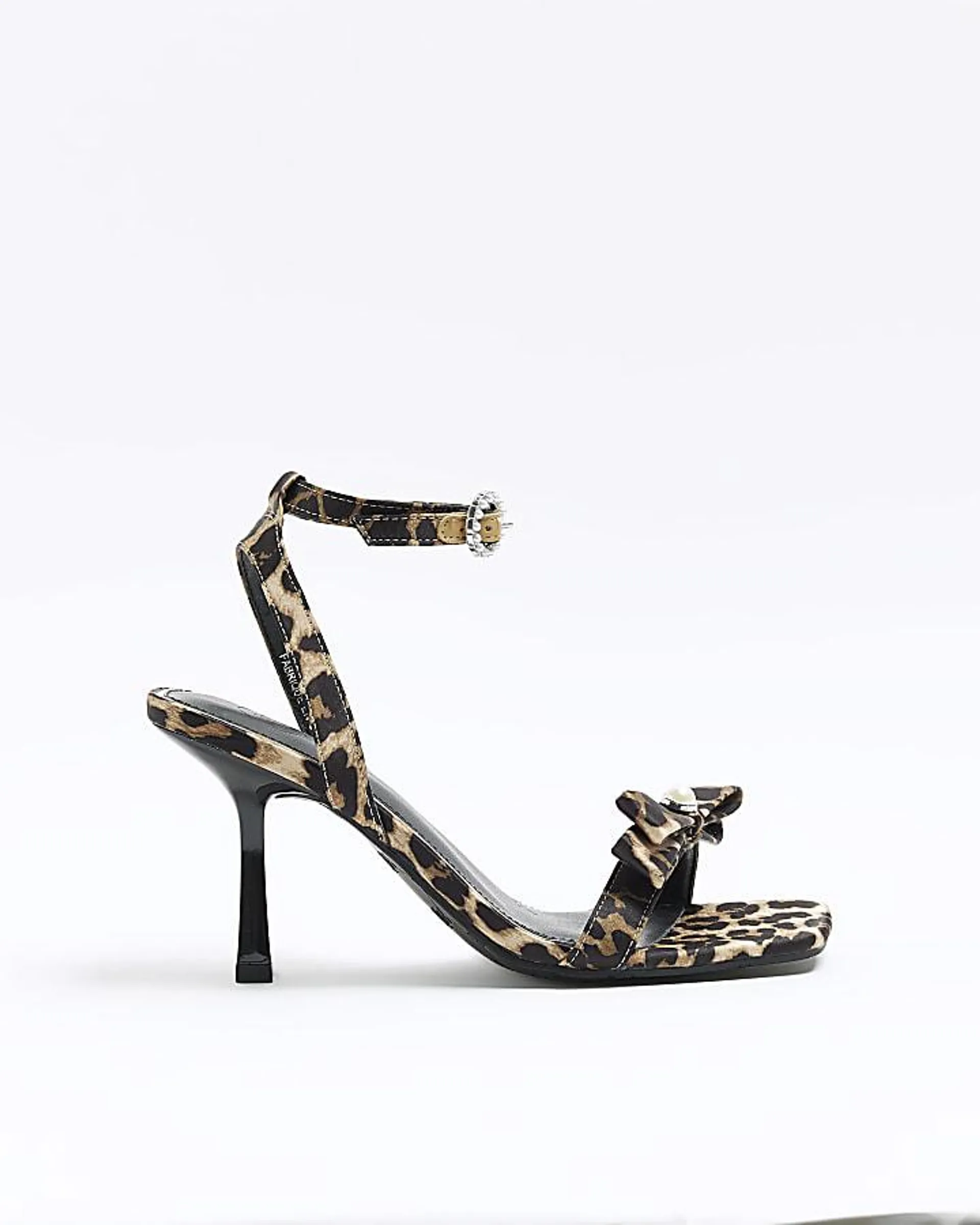 Brown animal print pearl bow heeled sandals
