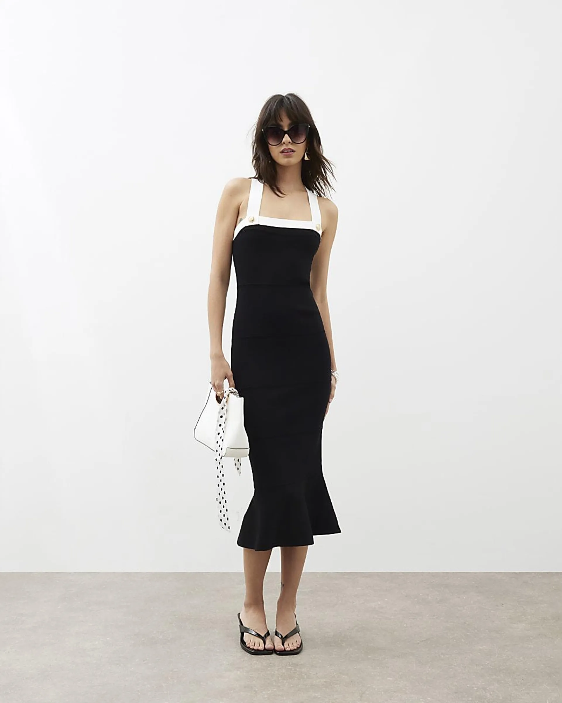 Black Knit Peplum Hem Midi Dress