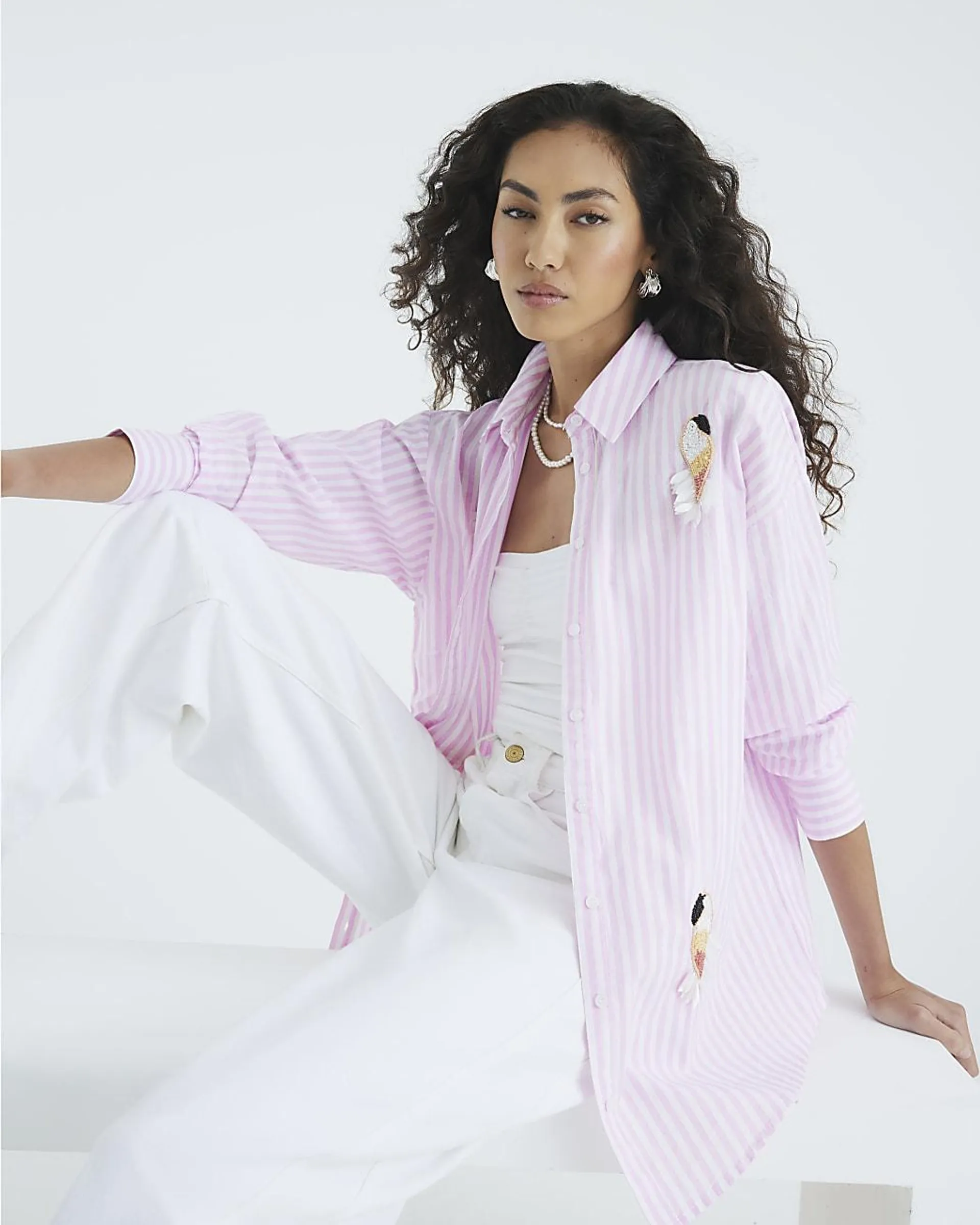 Pink Stripe Long Sleeve Embellished Shirt