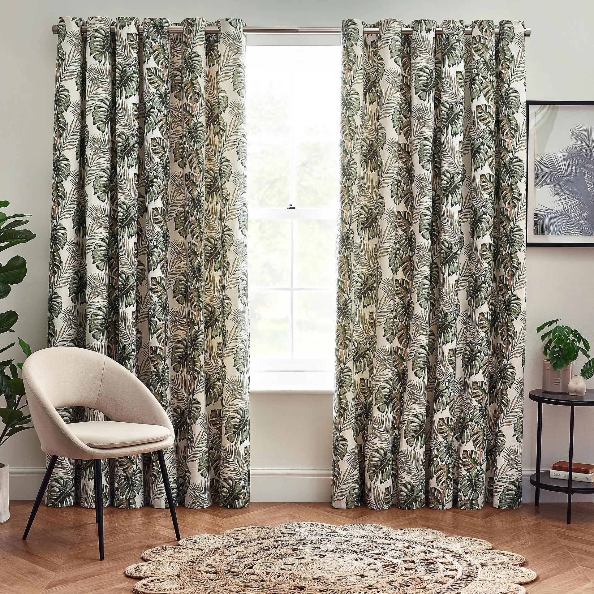 Cream & Green Tropcial Leaves Lined Eyelet Curtains (W)228cm (L)228cm, Pair