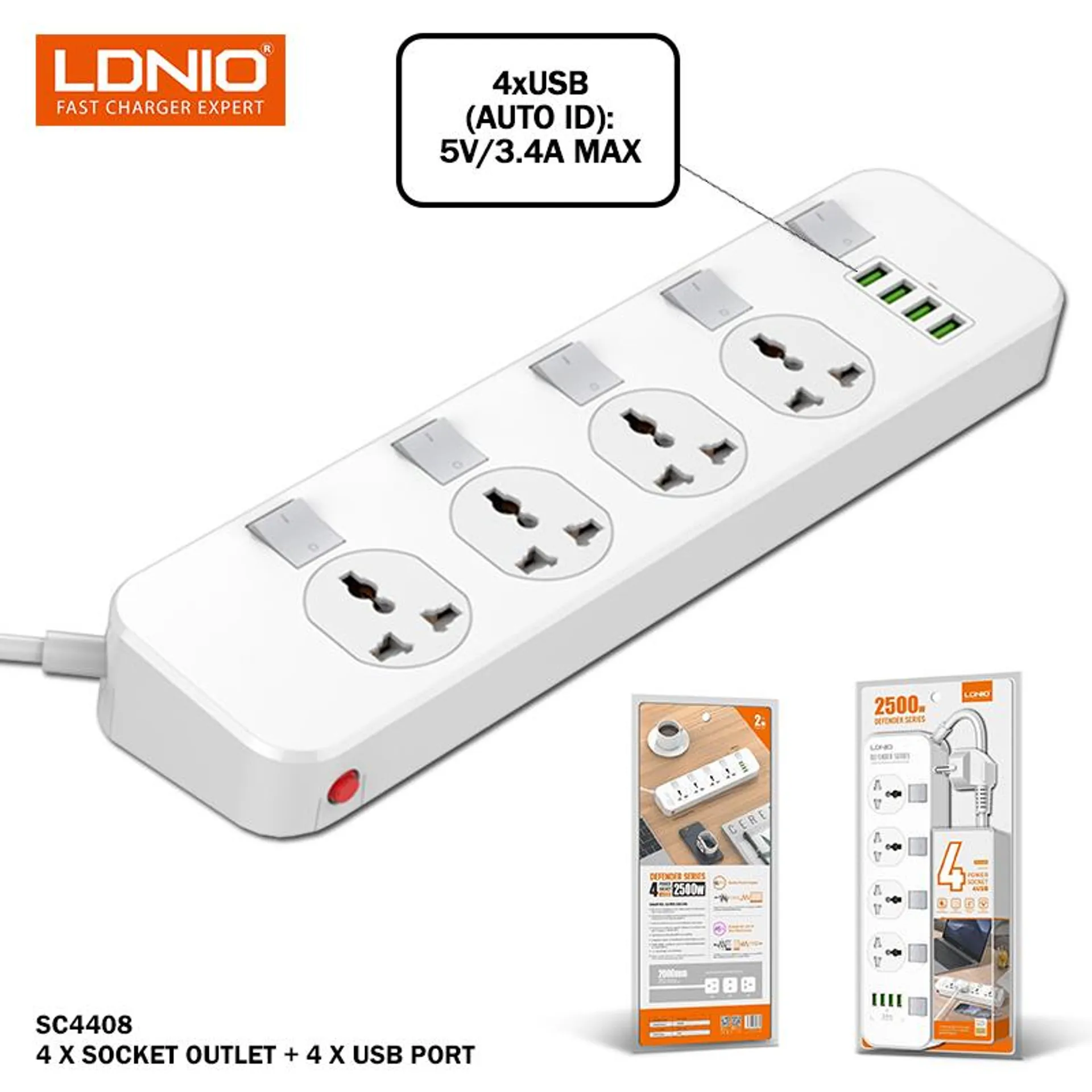 LDNIO 4 GANG EXTENSION SOCKET & 6 X USB PORTS