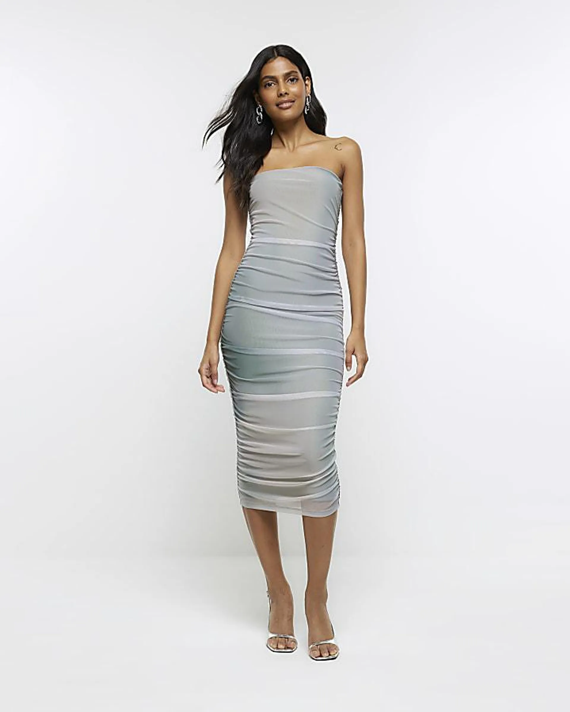 Pink ombre ruched bodycon midi dress