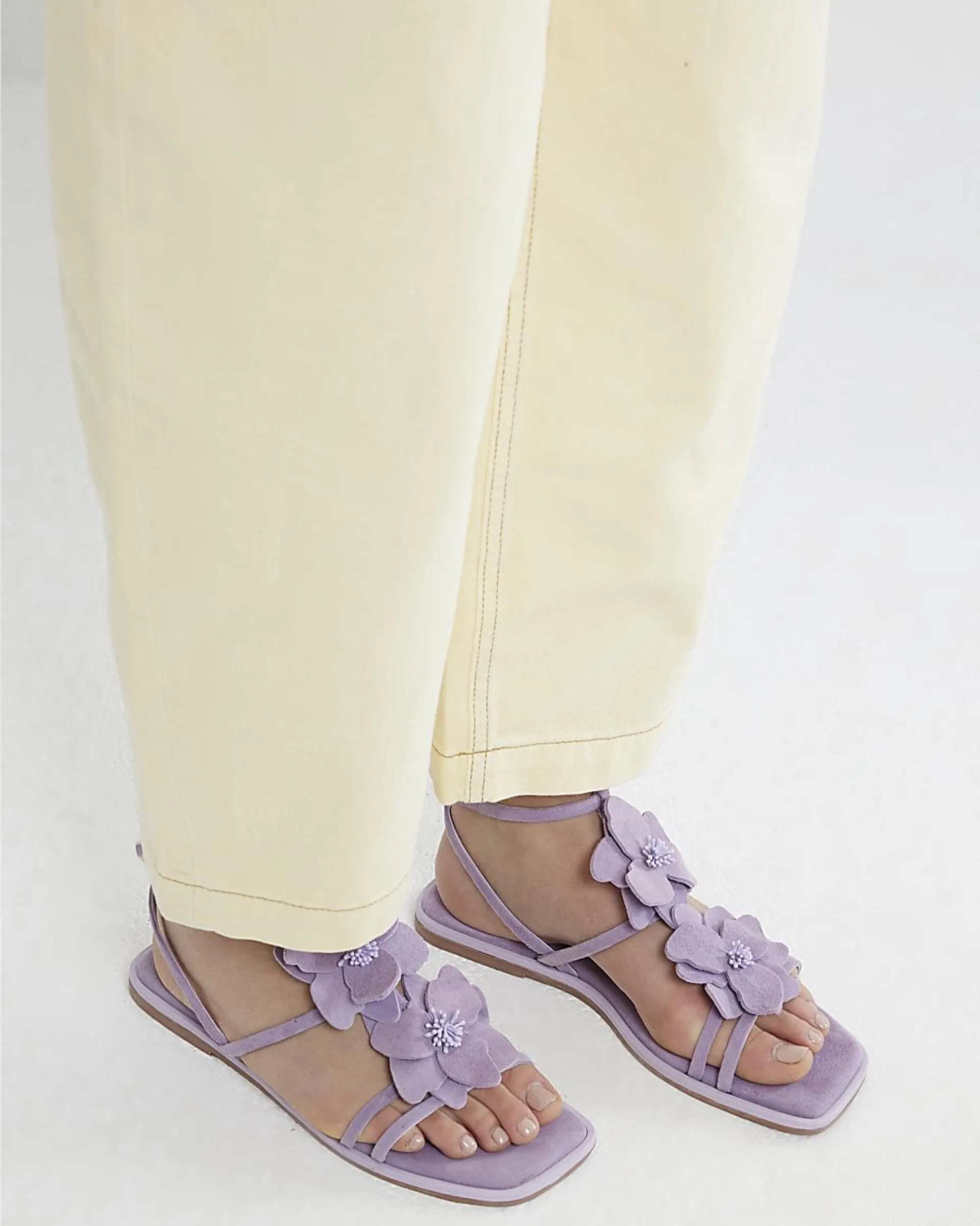 Purple Suede Flower Embellished Flat Sandals