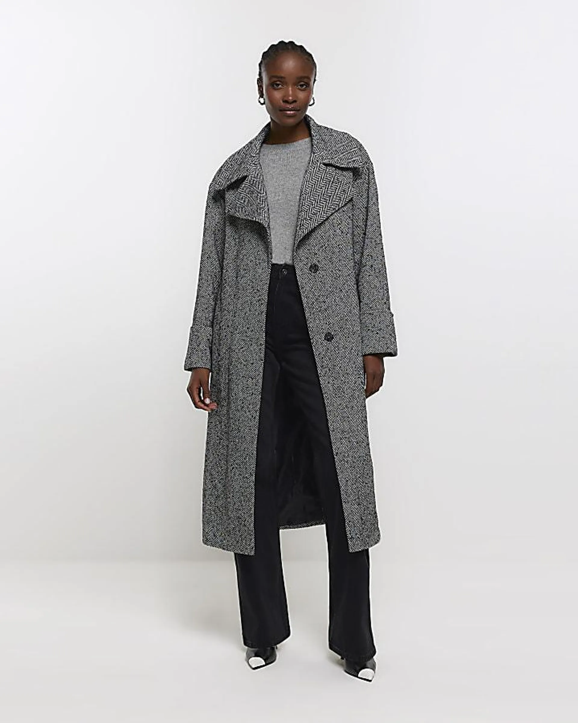 Black herringbone longline coat