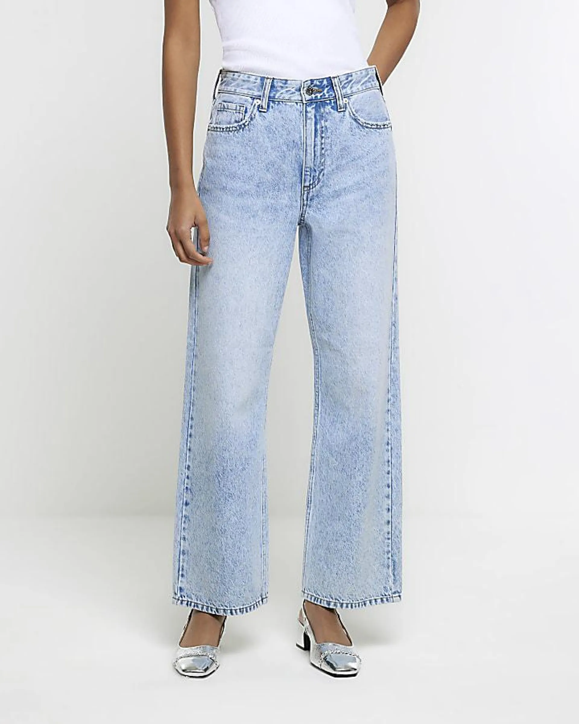 Blue high waisted crop relaxed straight jeans