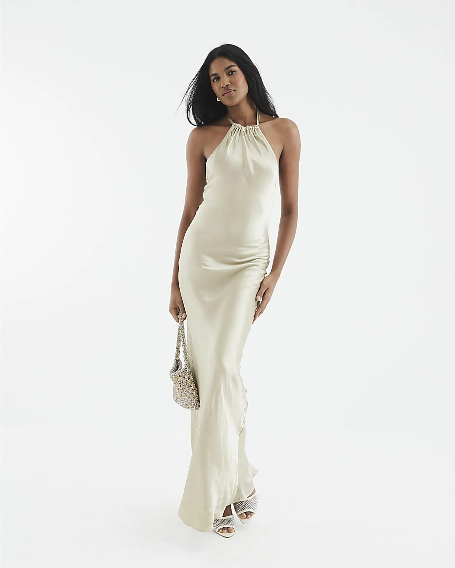 Gold Halter Neck Slip Maxi Dress