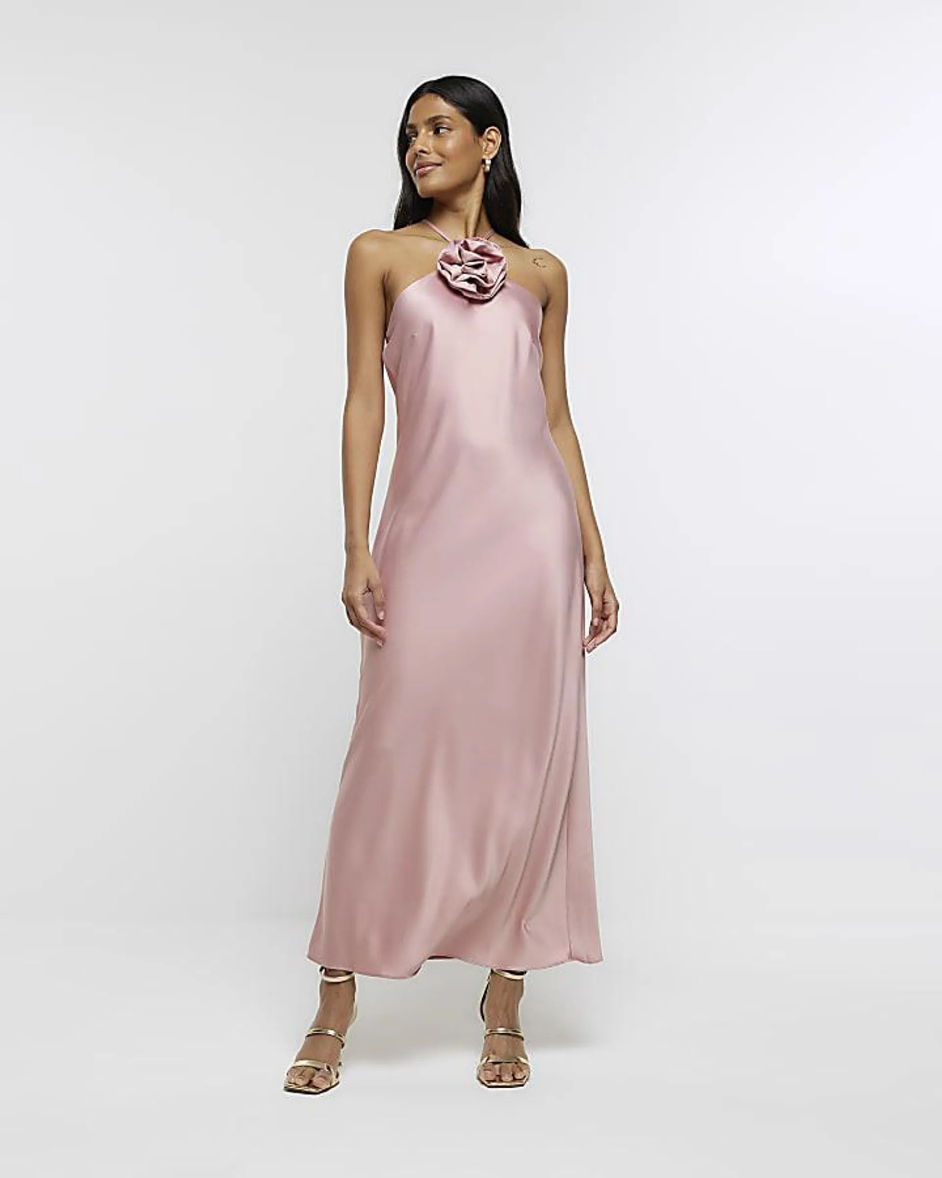 Pink satin corsage bodycon midi dress