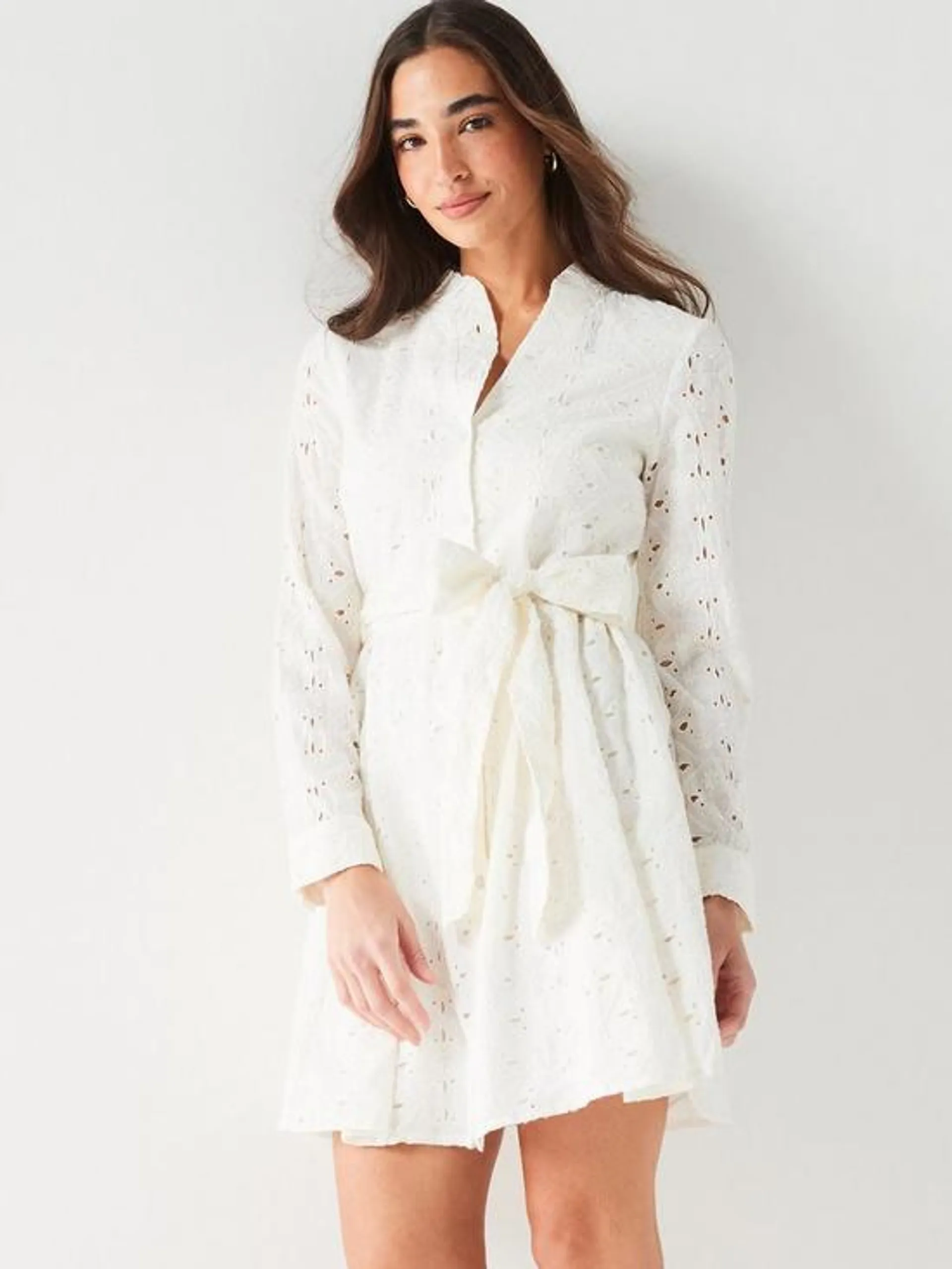 Broderie Shirt Mini Dress - White