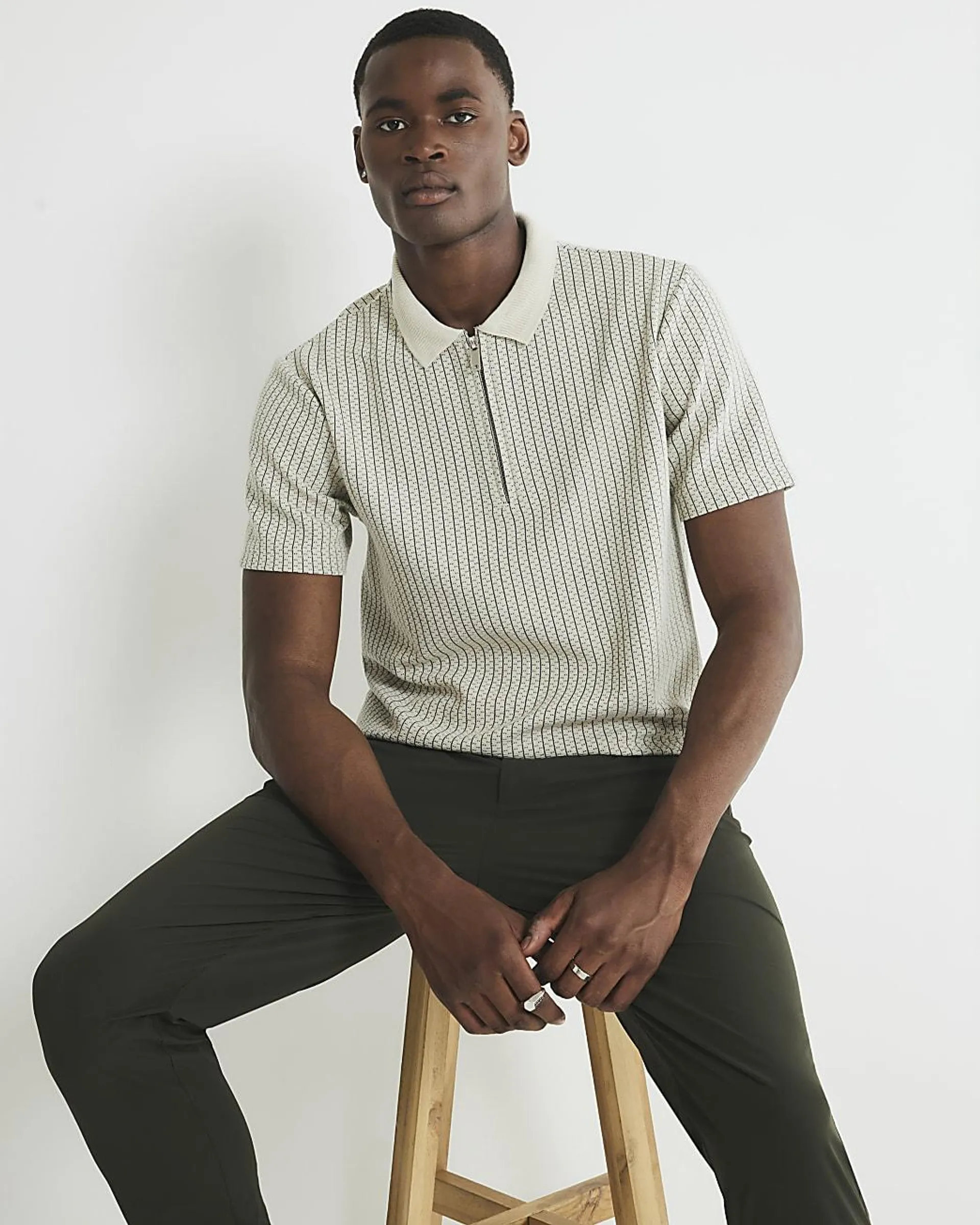 Beige Slim Fit Zip Striped Polo Shirt