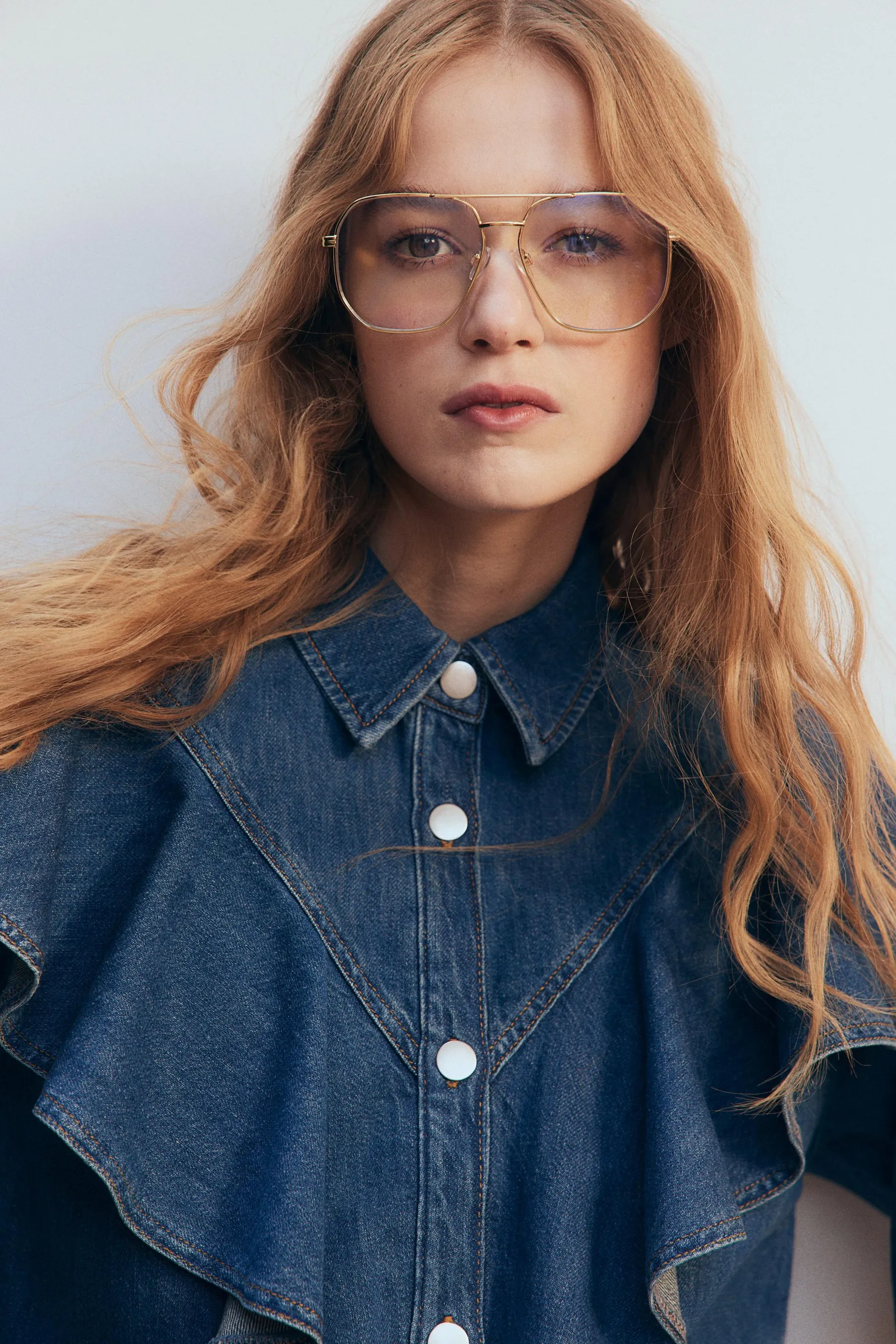 Flounce-trimmed denim shirt