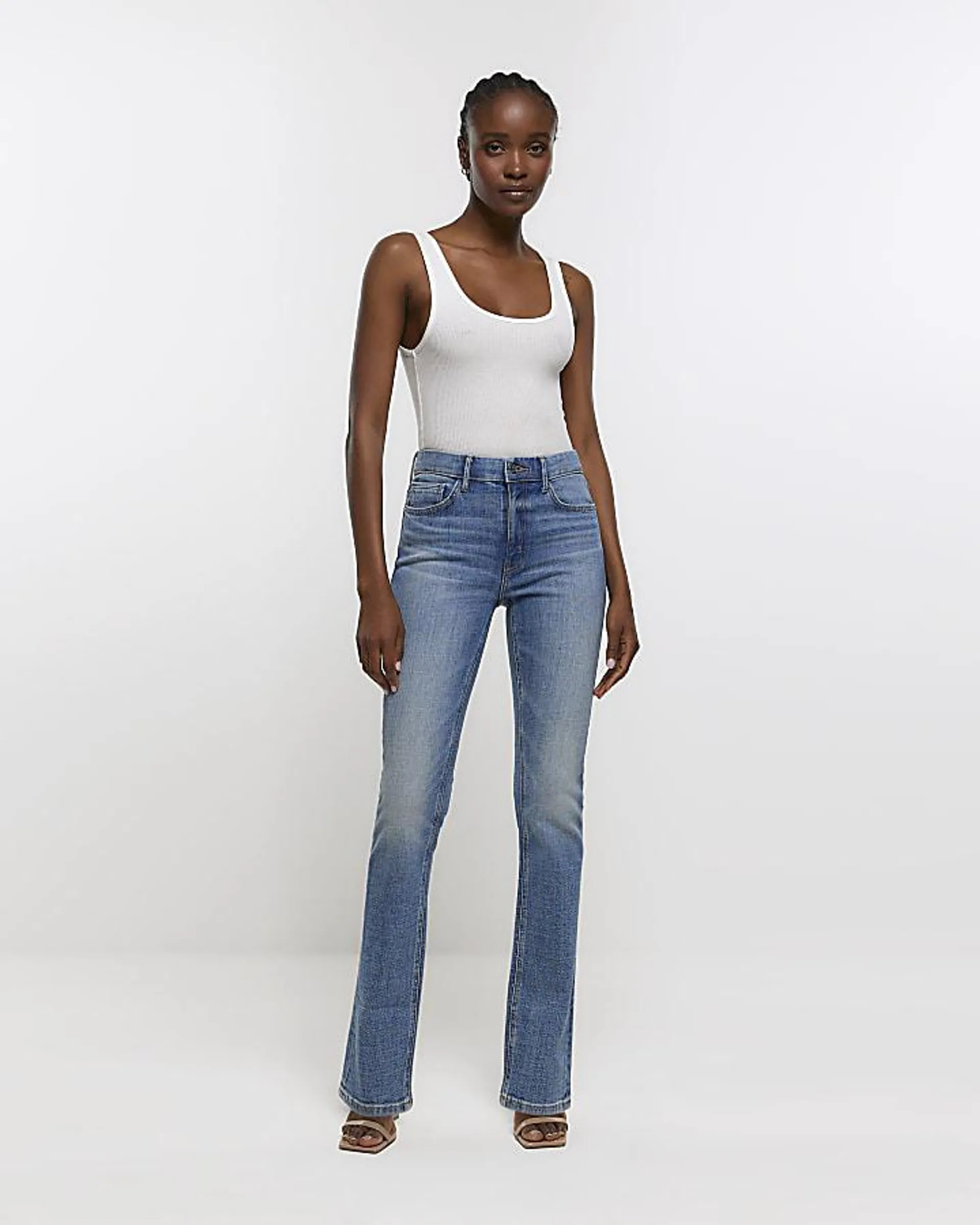 Blue faded mid rise slim straight leg jeans