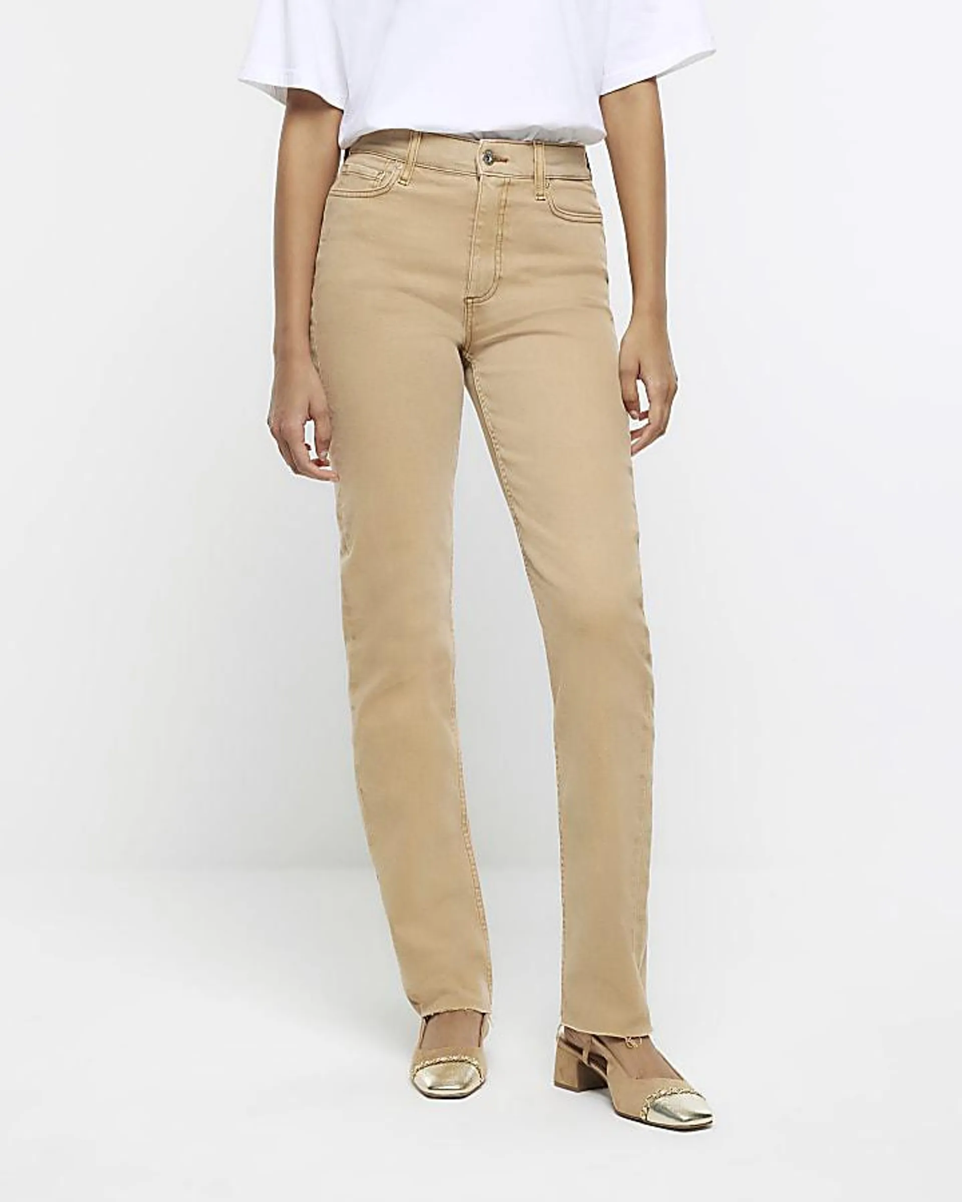 Beige high waisted stove pipe straight jeans