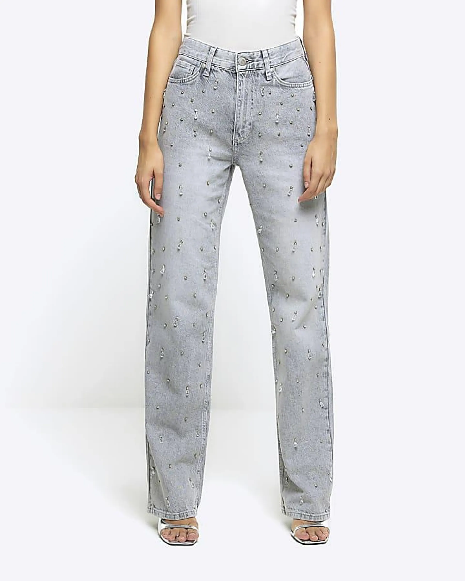 Grey embellished relaxed straight jeans