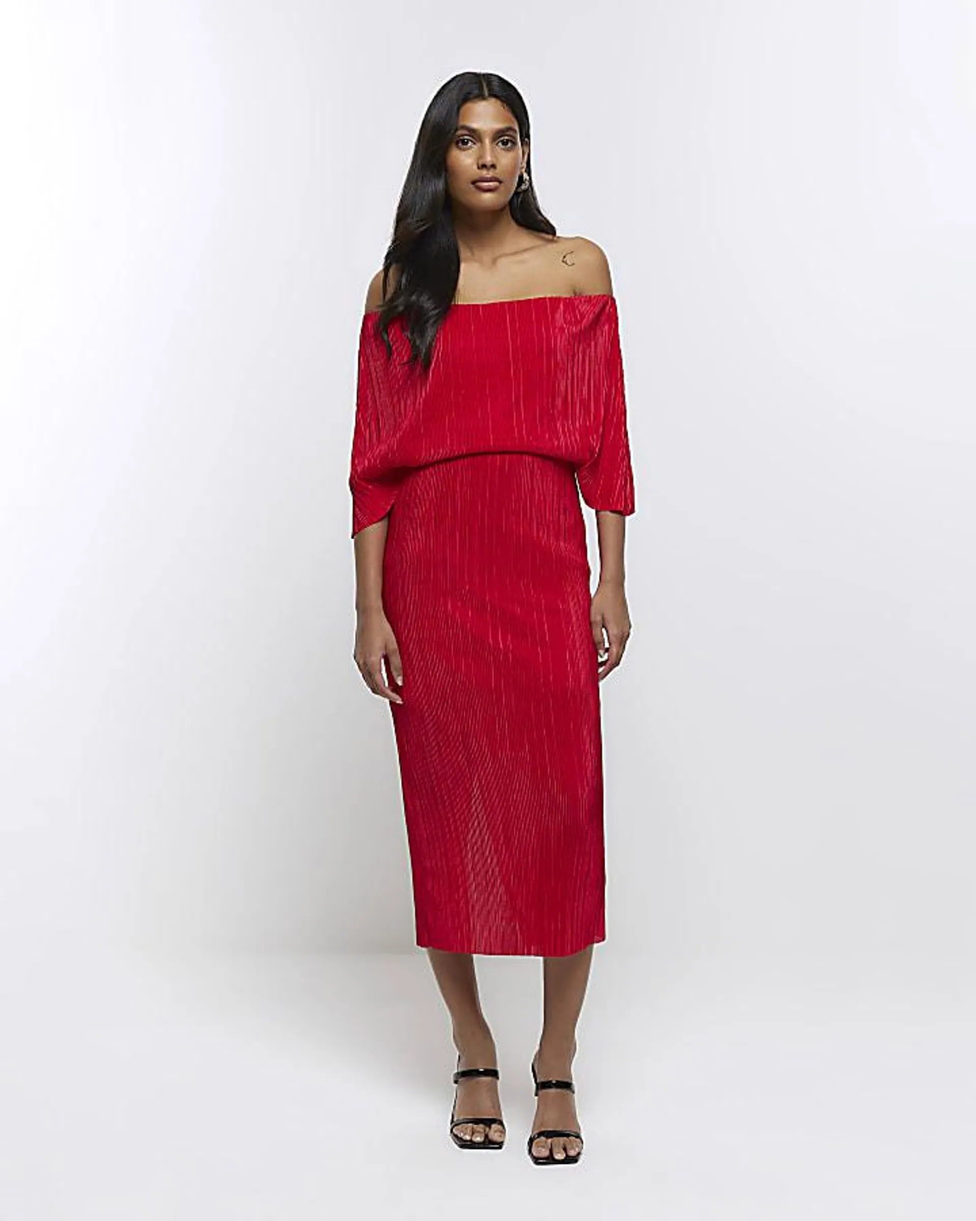 Red bardot drape plisse midi dress