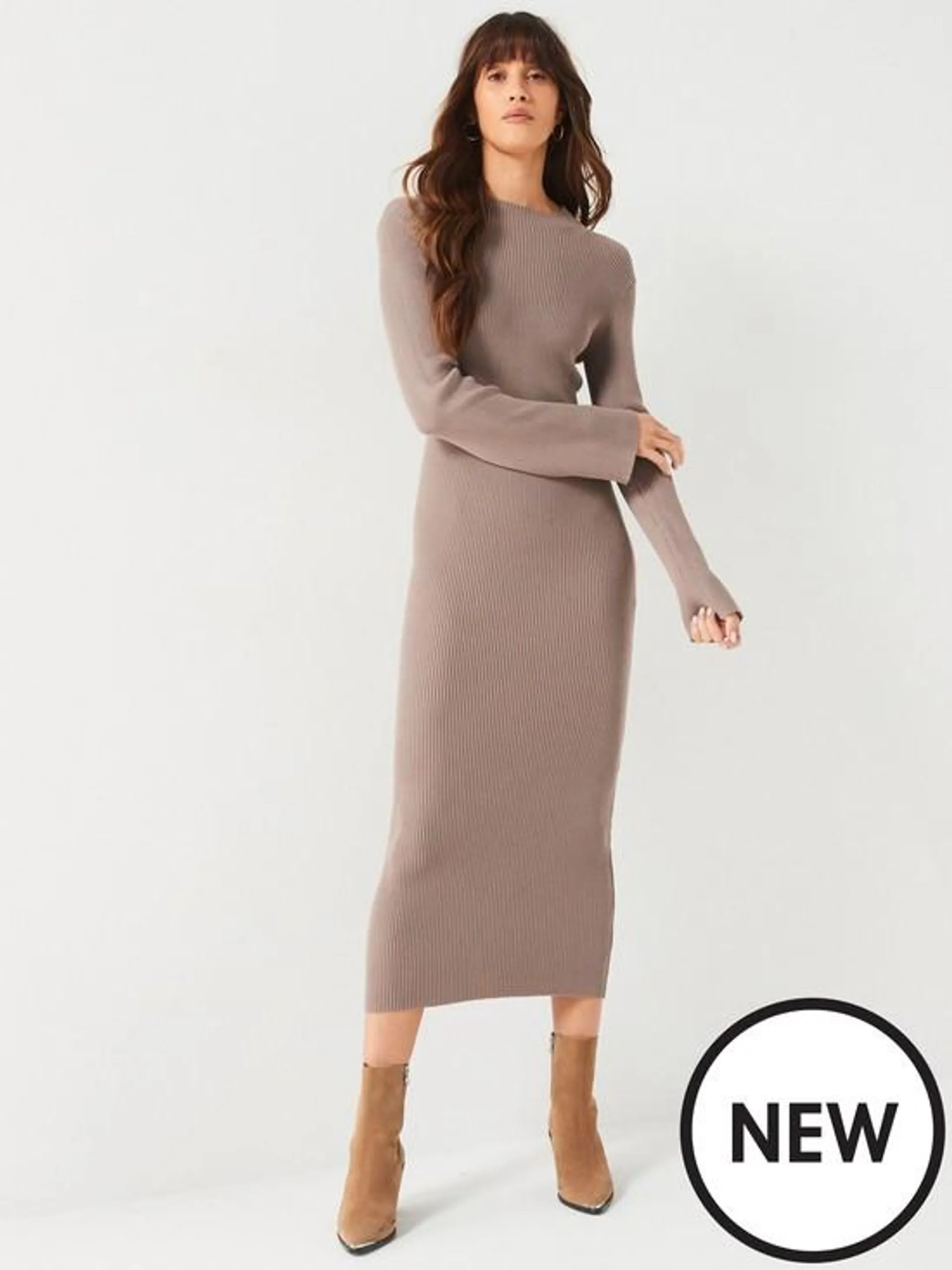 High Neck Ribbed Knit Midi Dress - Brown