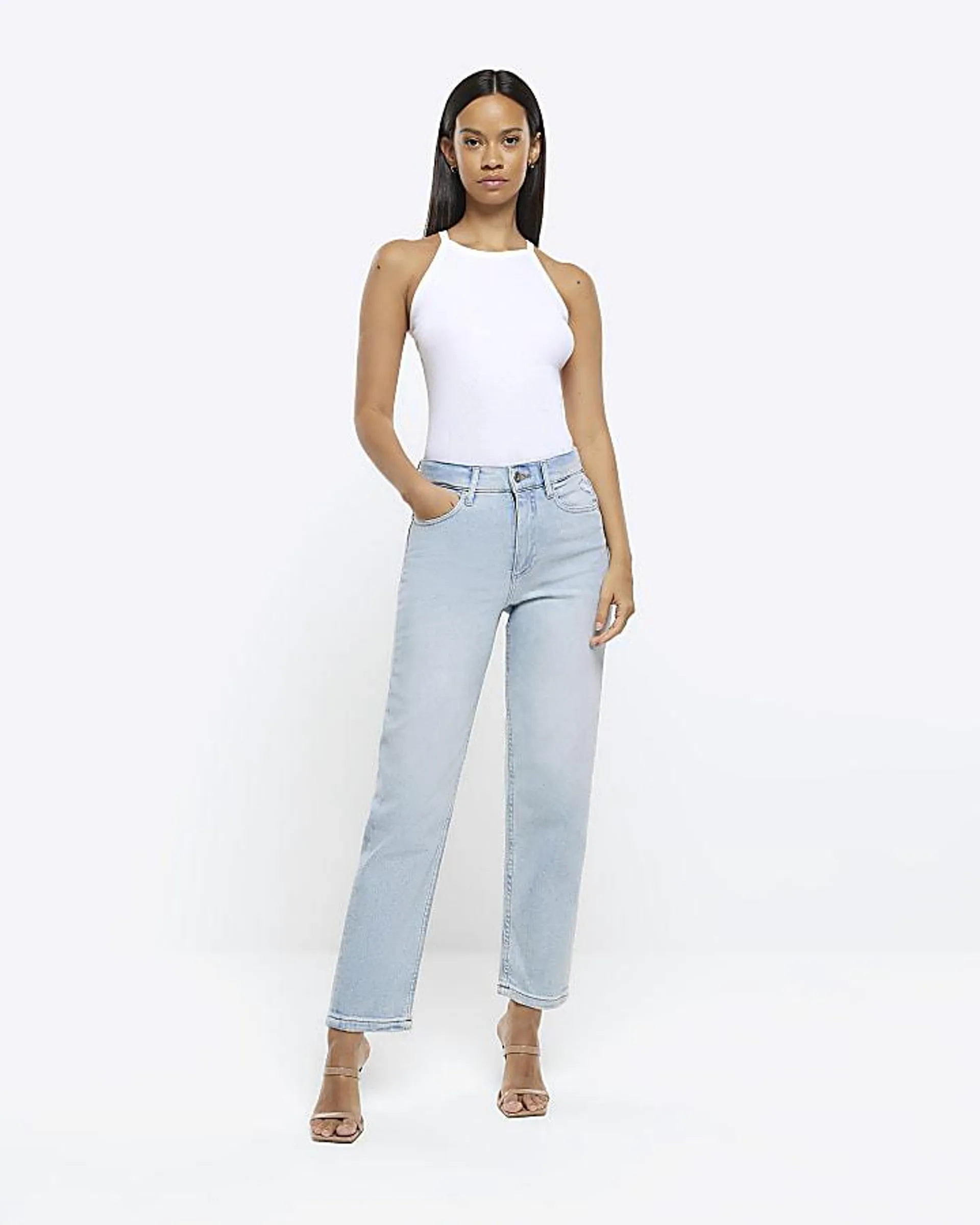 Blue mid rise straight jeans