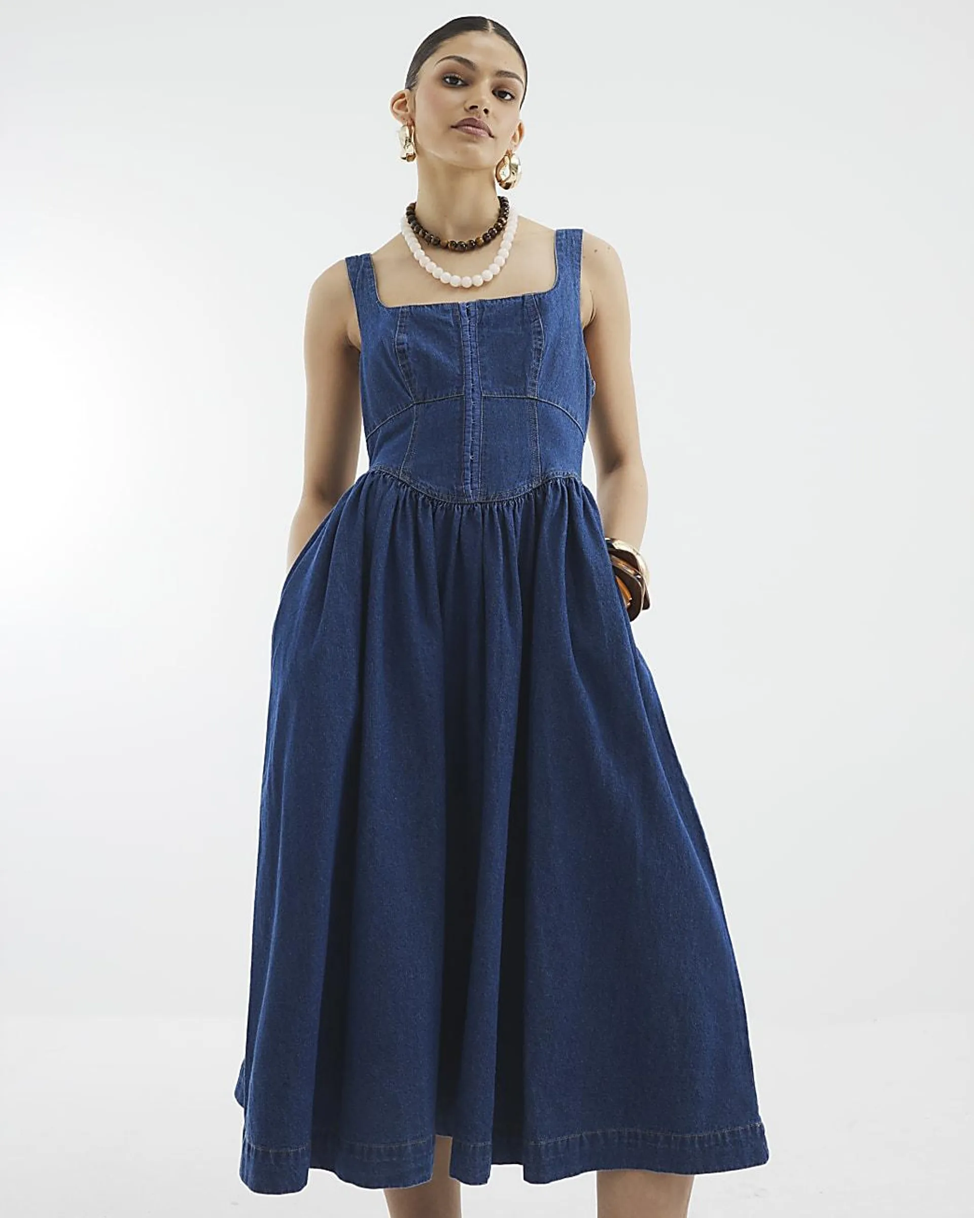 Blue Denim Corset Midi Dress