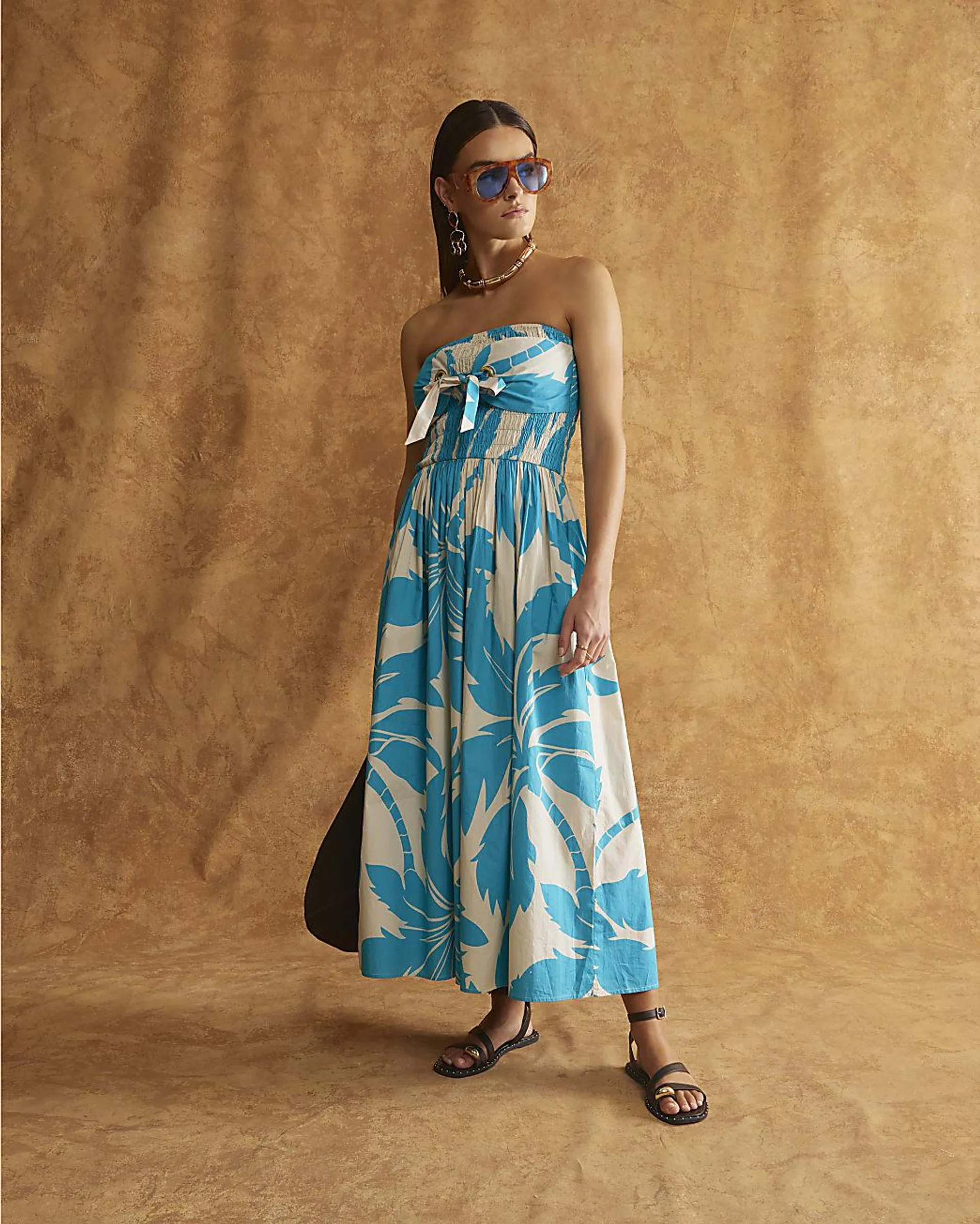 Blue Bandeau Poplin Midi Dress