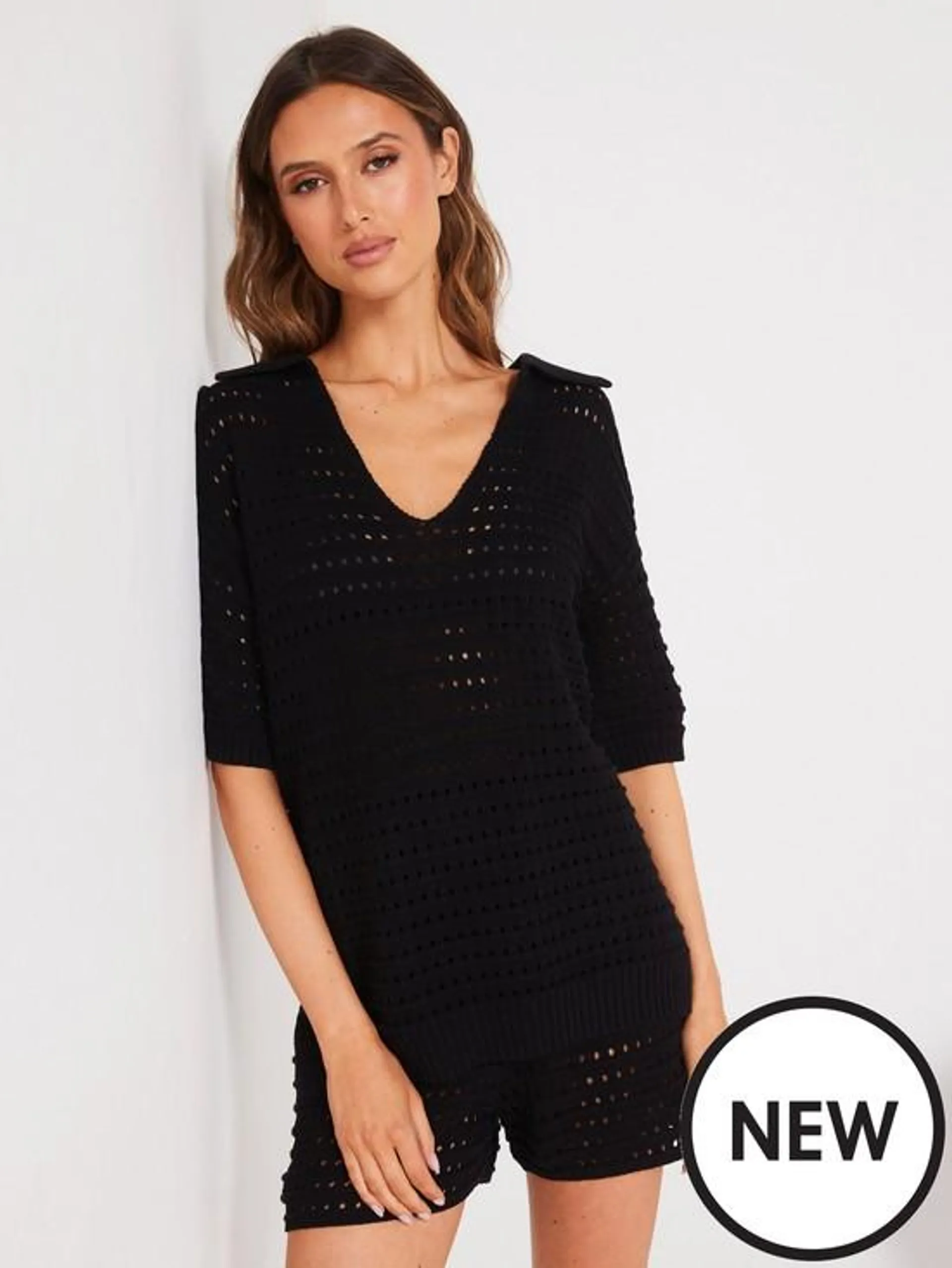 Trophy Neck Short Sleeve Crochet Jumper Coord - Black