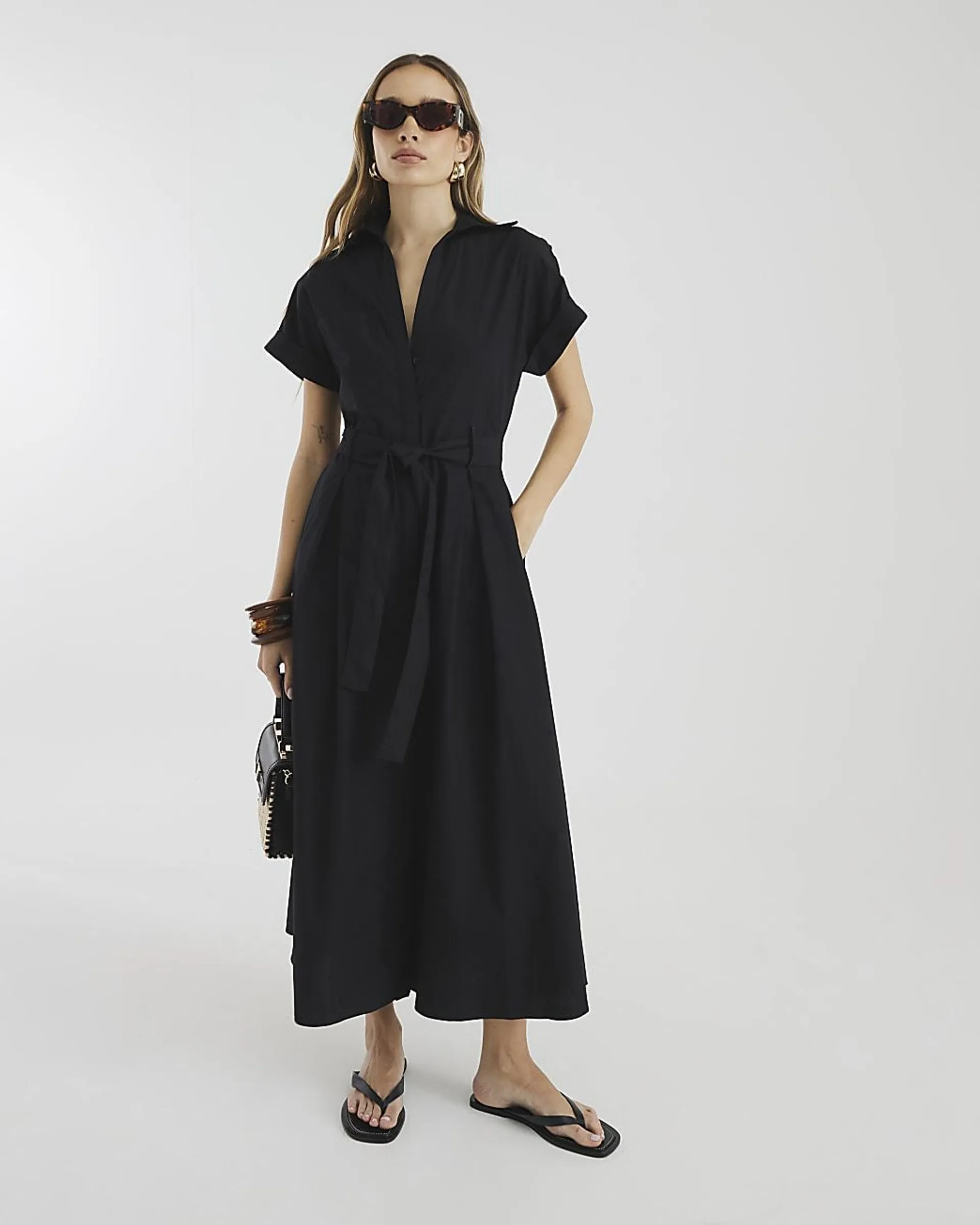 Black Short Sleeve Midi Shirt Dress