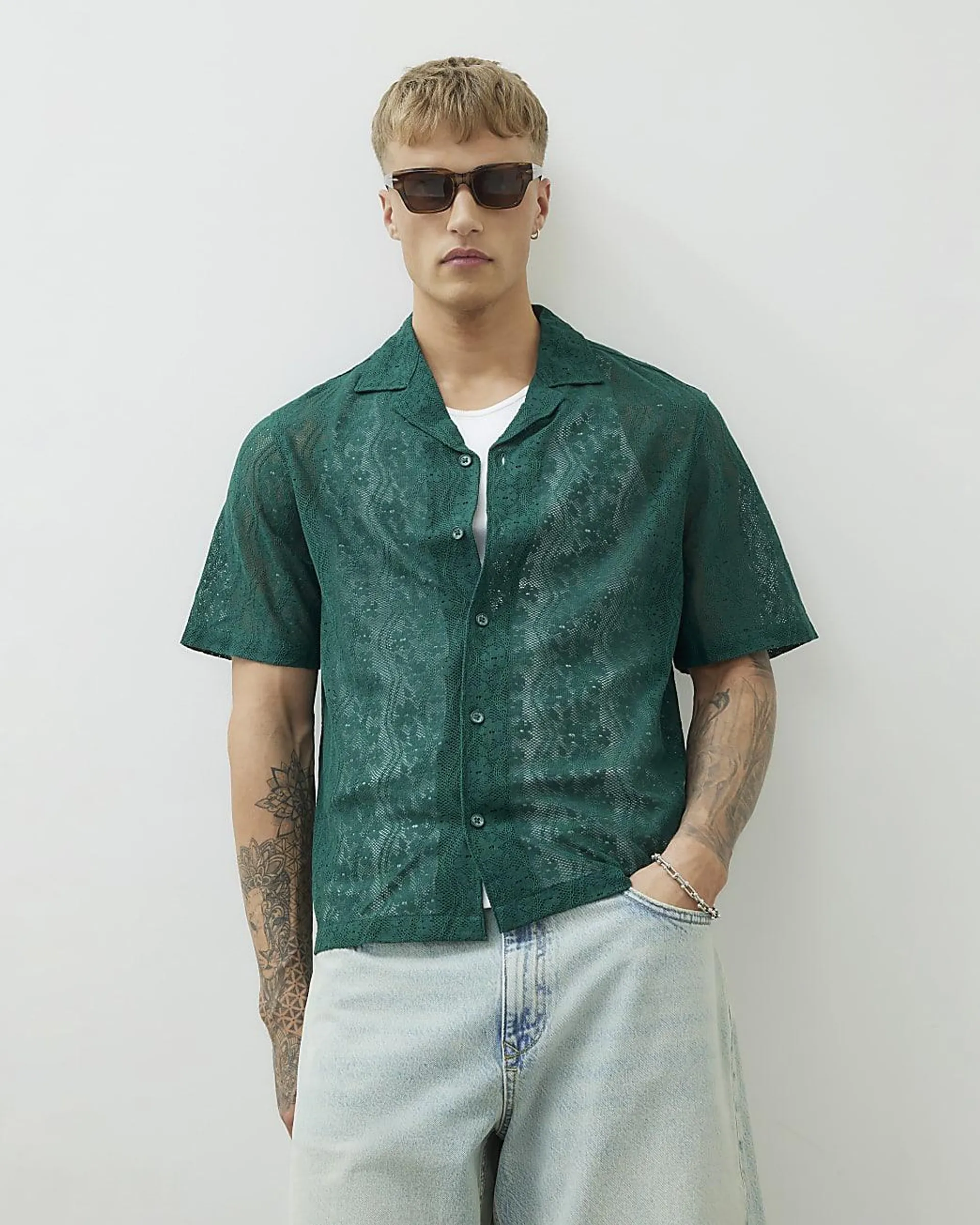 Green Short Sleeve Boxy Fit Lace Shirt