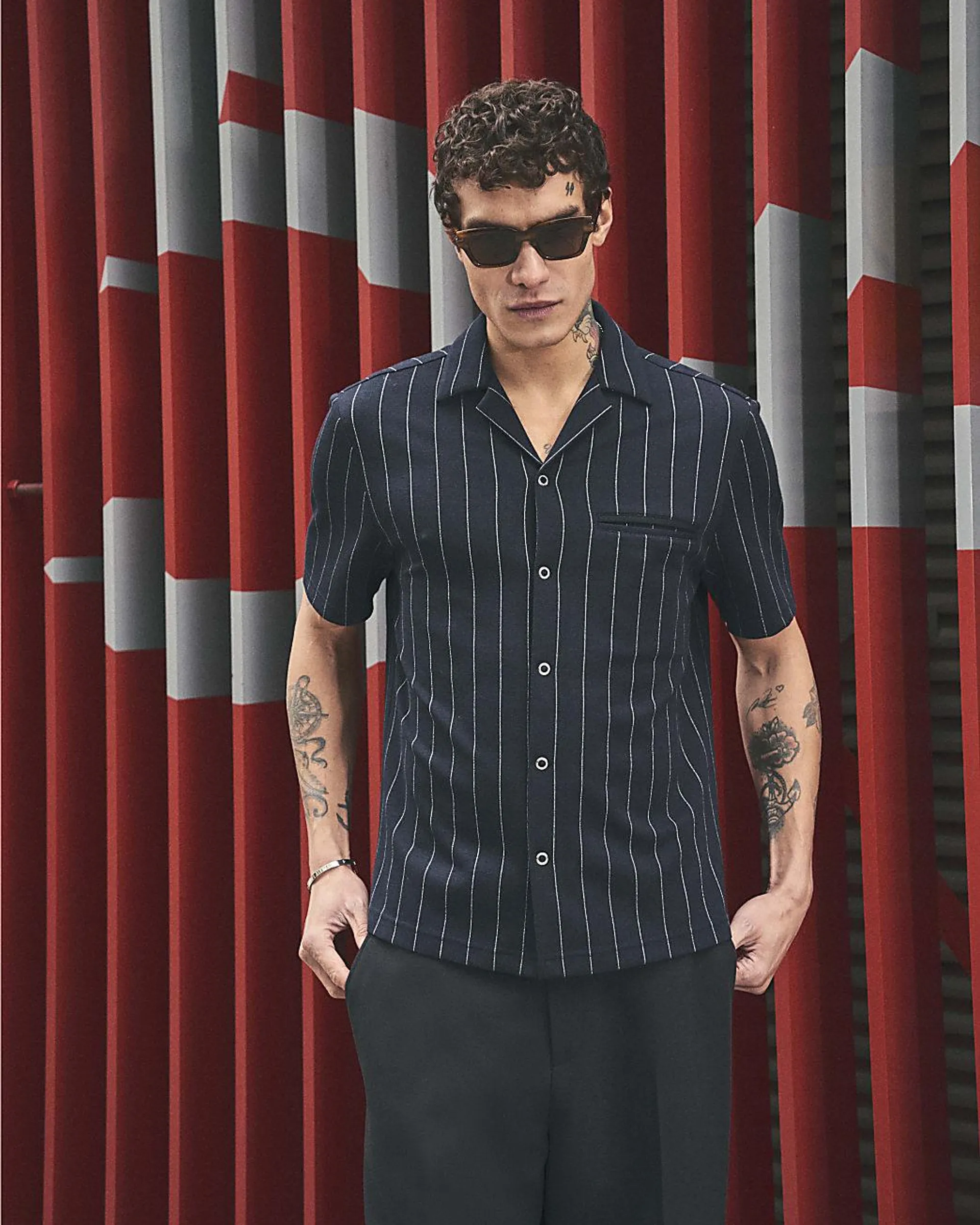 Navy Regular Fit Pinstripe Short Sleeve Shirt